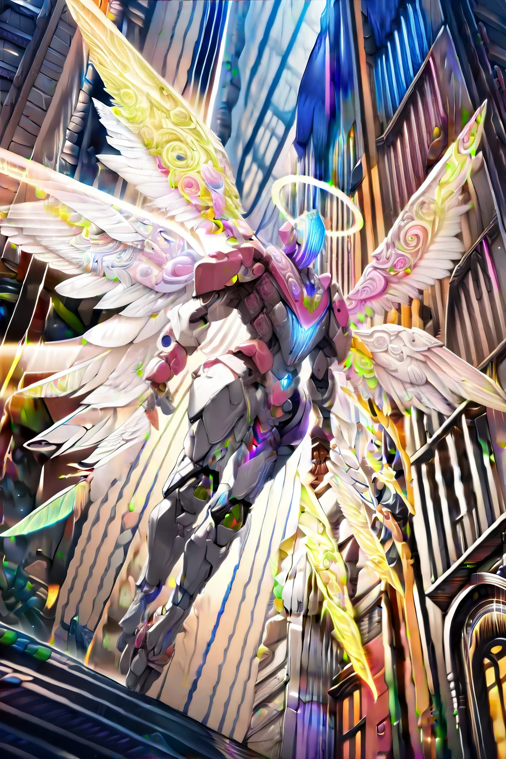 (best quality, masterpiece, colorful, dynamic angle, from below, highest detailed)upper body photo, full body photo, fashion photography of cute mechangel, glowing 4 wings, solo, glowing armor, glowing halo, building, glowing mechanical 4 wings (intricate details, hyperdetailed:1.15), detailed, light passing through hair, (official art, extreme detailed, highest detailed), HDR+