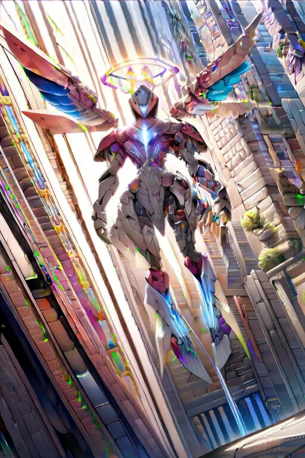 (best quality, masterpiece, colorful, dynamic angle, from below, highest detailed)upper body photo, full body photo, fashion photography of cute mechangel, glowing 4 wings, solo, glowing armor, glowing halo, building, glowing mechanical 4 wings (intricate details, hyperdetailed:1.15), detailed, light passing through hair, (official art, extreme detailed, highest detailed), HDR+