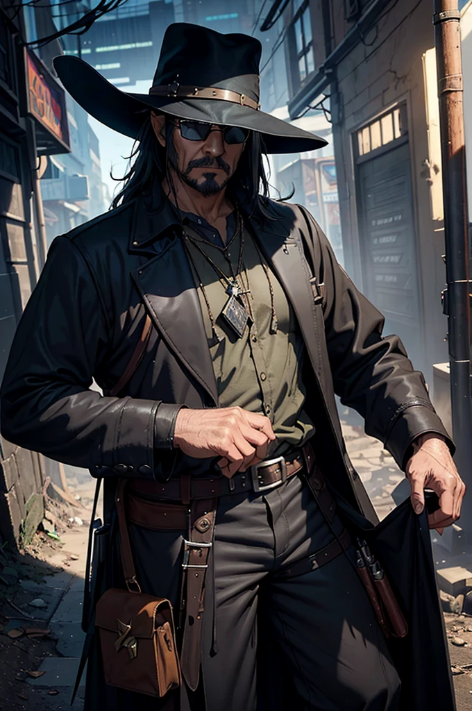 A man wearing a black hat and sunglasses, Like Solomon Kane, Epic Fantasy D & Good Hobbit Rogue, After the world ends explorer, Nicodemus, cowboy, gunman! middle aged man, Dressed up as a garbage collector, Disco Elysium characters, Old Cyberpunk Man, dirty man, After the world ends, To D & letter D, john