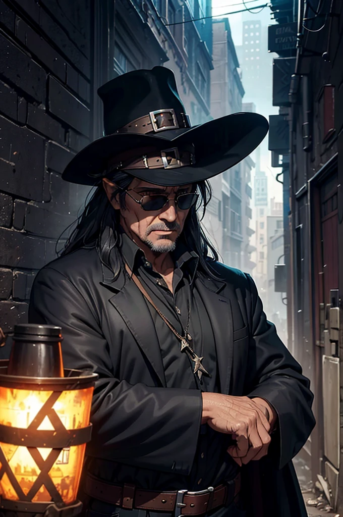 A man wearing a black hat and sunglasses, Like Solomon Kane, Epic Fantasy D & Good Hobbit Rogue, After the world ends explorer, Nicodemus, cowboy, gunman! middle aged man, Dressed up as a garbage collector, Disco Elysium characters, Old Cyberpunk Man, dirty man, After the world ends, To D & letter D, john