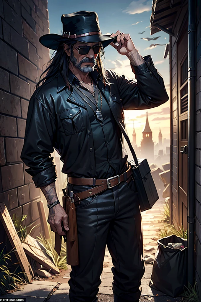 A man wearing a black hat and sunglasses, Like Solomon Kane, Epic Fantasy D & Good Hobbit Rogue, After the world ends explorer, Nicodemus, cowboy, gunman! middle aged man, Dressed up as a garbage collector, Disco Elysium characters, Old Cyberpunk Man, dirty man, After the world ends, To D & letter D, john