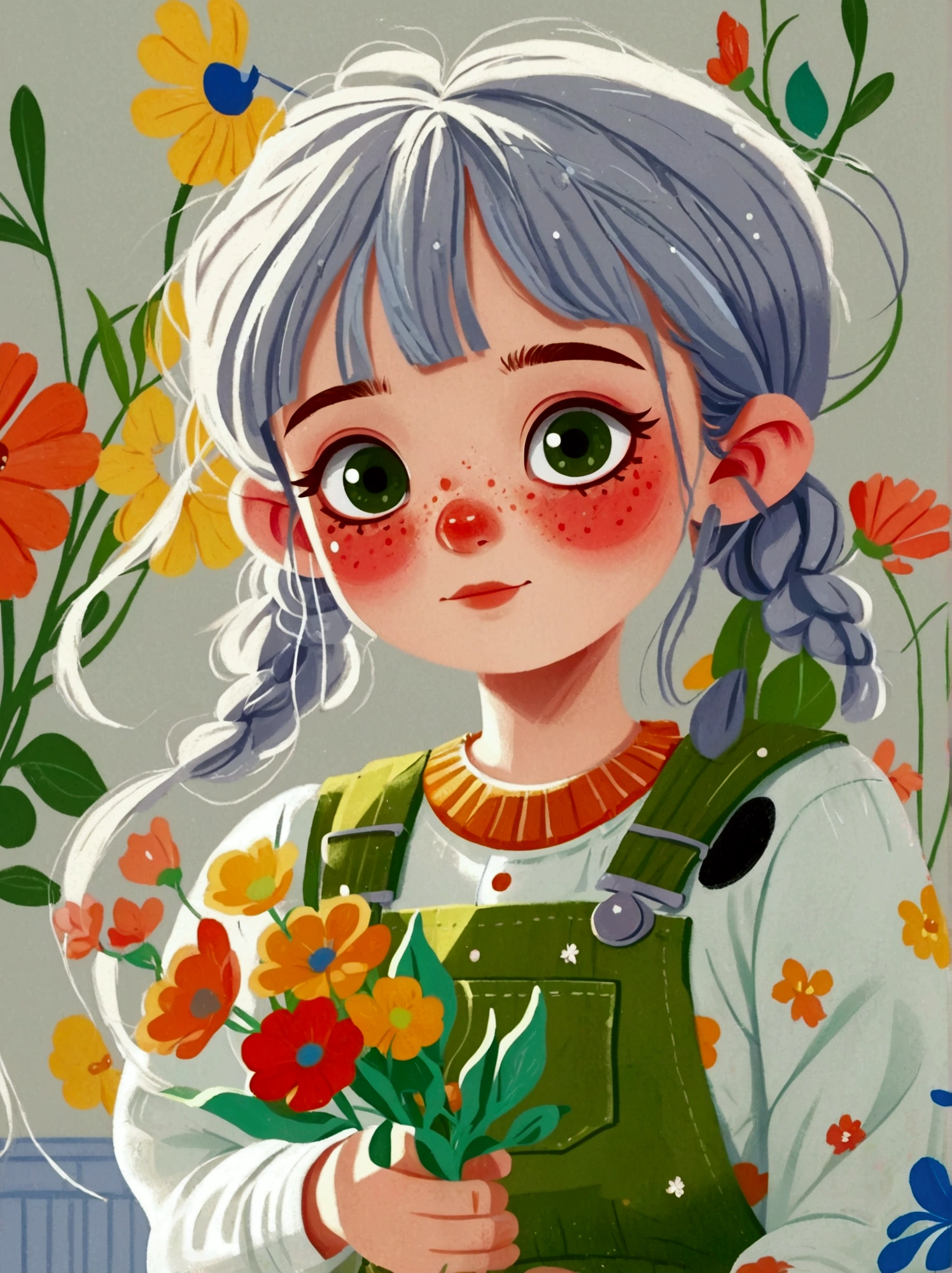  (Low Angle Shot:1.8), (((projected inset, dutch angle, vanishing point, from below))), (8k，Bright colors，Bright，Ultra high saturation，rgb, Colorful), Cartoon,Character Design,e litrl,big eyes,Long hair,With pigtails,Holding flowers,Wearing green overalls,可爱的Q版Cartoon风格,Simple background,White Walls,White floor,Colorful illustrations,Bright colors,White shoes,Full body image,Bright colors,HD,High-resolution images in a Q-version style