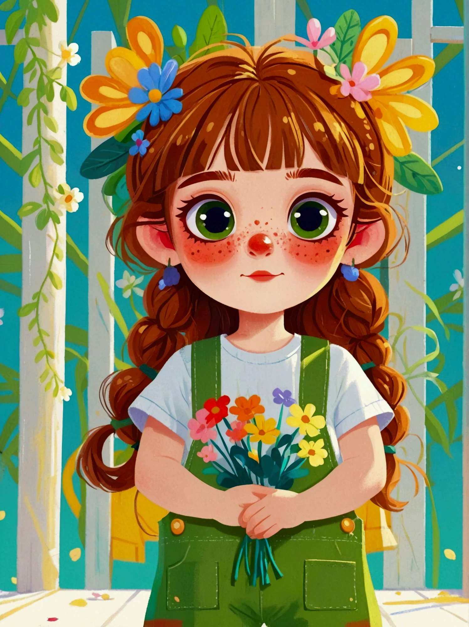  (Low Angle Shot:1.8), (((projected inset, dutch angle, vanishing point, from below))), (8k，Bright colors，Bright，Ultra high saturation，rgb, Colorful), Cartoon,Character Design,Cute little girl,big eyes,Long hair,With pigtails,Holding flowers,Wearing green overalls,可爱的Q版Cartoon风格,Simple background,White Walls,White floor,Colorful illustrations,Bright colors,White shoes,Full body image,Bright colors,HD,High-resolution images in a Q-version style