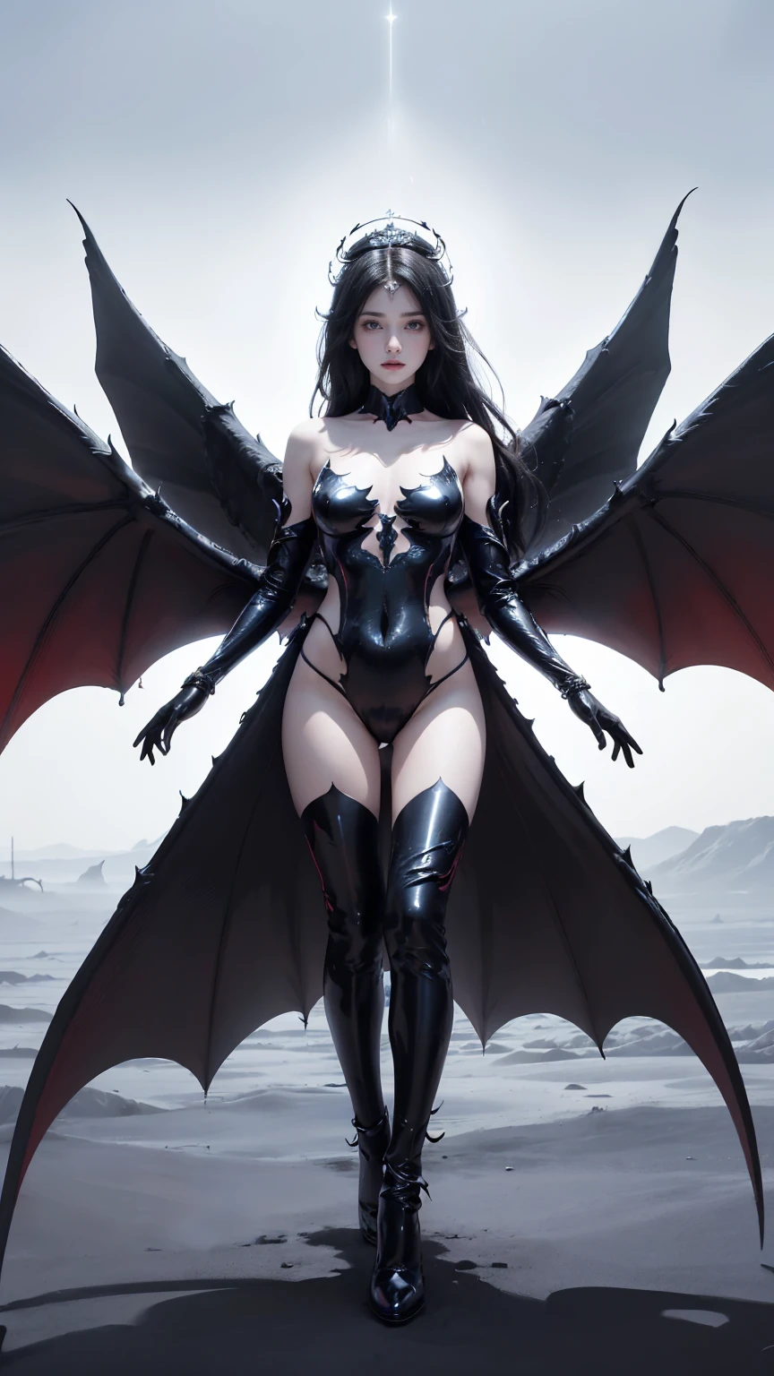 emphasis on wings, wings on shoulder, Angel wings and devil wings, white wings and black wings, (Realistic picture, highest resolution, 16ก), (A demon god with wide wings and enormous power on his shoulders..., Twelve wings on the shoulders., black bat wings:1.3 white angel wings:1.5), 6 angel wings, 6 devil wings, (Beautiful girl with two meter long hair, shiny black hairงาม, Smooth white skin, Lips are very red.), ((stand, already)), (big breasts, หัวBig tits), (gigantic breast, breast augmentation, Breast 400 cc., small waist, hips raised, small thighs, Long legs), (dynamic poses), (Armor that slightly conceals the body), Separate theme, (Angel wings and devil wings), floating in the air above the groundดิน, background darkness, Embraced with twelve wings, wearing a large king crown, crown shining bright, wears little armor, There is power coming out of the body., sparkling wings, white light black light, amazing wings, beautiful gesture, 8K resolution, Resolution 4000 x 2250 pixels, beautiful gesture, Angel wings and devil wings, (Realistic picture, highest resolution, 16K), (A demon god with wide wings and enormous power on his shoulders.., Twelve wings on the shoulders., black bat wings:1.3 white angel wings:1.5), Angel wings and devil wings, white wings and black wings,, Have wings 100 Have wings 1000, Angel wings and bat wings, wings inserted between wings, 12 wings, 6 angel wings, 6 bat wings, Angel wings and devil wings, white wings and black wings,, (Beautiful girl with two meter long hair, shiny black hair, Smooth white skin, Lips are very red.), very long hair, ((stand, toe)), (big breastsโต, หัวBig tits), (gigantic breast, small waist, hips raised, small thighs, Long legs), (dynamic poses), (black and white leotard, There are beautiful patterns., Decorated with gold embroidery., Show off your chest), Separate theme, (Angel Wings and Demon Lord Wings), floating in the air above the ground, background darkness, Embraced with twelve wings, white and black light crown, A rainbow glow on the back of the head, The most busty breasts, Big tits, universe backdrop, dynamic gesture.