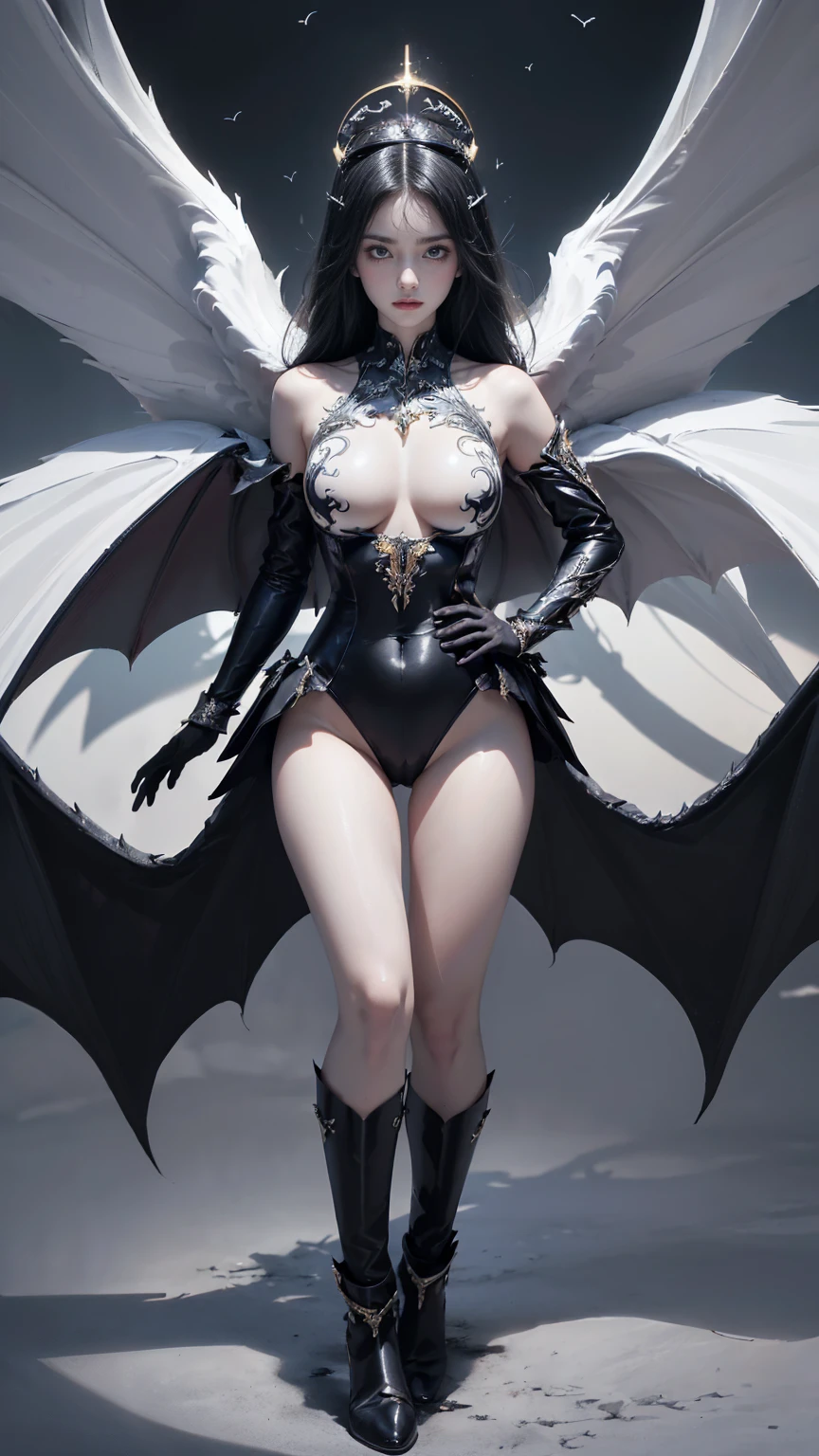 emphasis on wings, wings on shoulder, Angel wings and devil wings, white wings and black wings, (Realistic picture, highest resolution, 16ก), (A demon god with wide wings and enormous power on his shoulders..., Twelve wings on the shoulders., black bat wings:1.3 white angel wings:1.5), 6 angel wings, 6 devil wings, (Beautiful girl with two meter long hair, shiny black hairงาม, Smooth white skin, Lips are very red.), ((stand, already)), (big breasts, หัวBig tits), (gigantic breast, breast augmentation, Breast 400 cc., small waist, hips raised, small thighs, Long legs), (dynamic poses), (Armor that slightly conceals the body), Separate theme, (Angel wings and devil wings), floating in the air above the groundดิน, background darkness, Embraced with twelve wings, wearing a large king crown, crown shining bright, wears little armor, There is power coming out of the body., sparkling wings, white light black light, amazing wings, beautiful gesture, 8K resolution, Resolution 4000 x 2250 pixels, beautiful gesture, Angel wings and devil wings, (Realistic picture, highest resolution, 16K), (A demon god with wide wings and enormous power on his shoulders.., Twelve wings on the shoulders., black bat wings:1.3 white angel wings:1.5), Angel wings and devil wings, white wings and black wings,, Have wings 100 Have wings 1000, Angel wings and bat wings, wings inserted between wings, 12 wings, 6 angel wings, 6 bat wings, Angel wings and devil wings, white wings and black wings,, (Beautiful girl with two meter long hair, shiny black hair, Smooth white skin, Lips are very red.), very long hair, ((stand, toe)), (big breastsโต, หัวBig tits), (gigantic breast, small waist, hips raised, small thighs, Long legs), (dynamic poses), (black and white leotard, There are beautiful patterns., Decorated with gold embroidery., Show off your chest), Separate theme, (Angel Wings and Demon Lord Wings), floating in the air above the ground, background darkness, Embraced with twelve wings, white and black light crown, A rainbow glow on the back of the head, The most busty breasts, Big tits, universe backdrop, dynamic gesture.