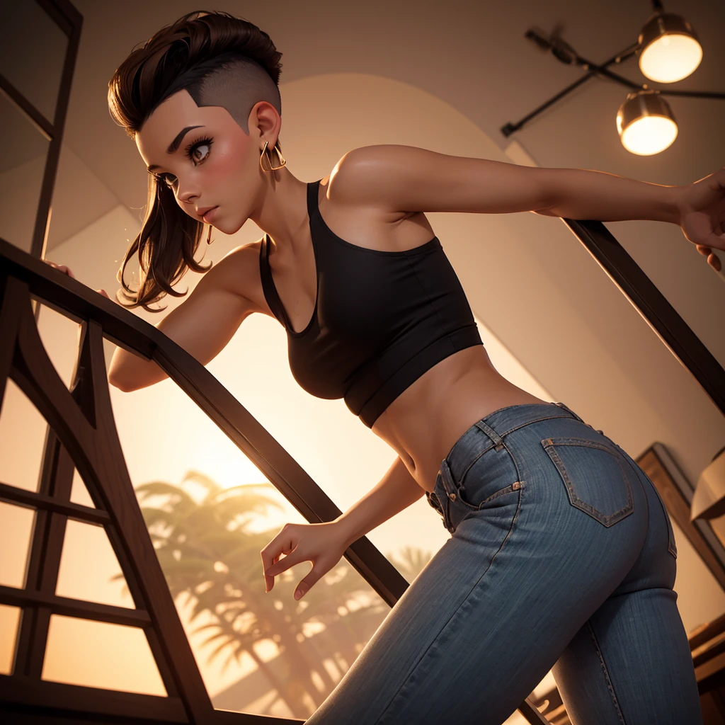 ((masterpiece, best quality)),(complex lighting) , solo,1girl,upper body, clementine,  dark skin,dark-skinned female,  baseball cap, green cargo pants, tight pants, shirt, short twintails,open denim jacket, big butt, thicc