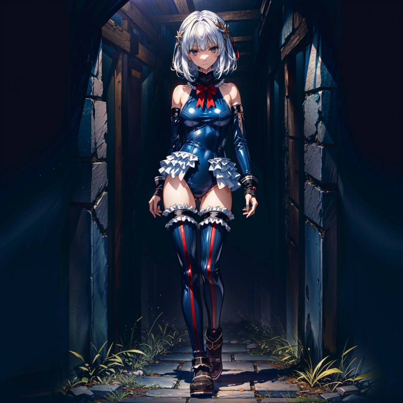 Masterpiece, Very detailed, Highest quality, Sharp focus, 12k, ultra hi resolution picture, big ,12k,Perfect Anatomy, Highest quality,,(Emotionless:1.2)
,Anime Style,(frilled swimsuit,thighhighs,detached sleeves), (Anime Style:1.4) ,
,(White fingers:1.2,Black gloves),
,(full body:1.3),Inside the ruins
