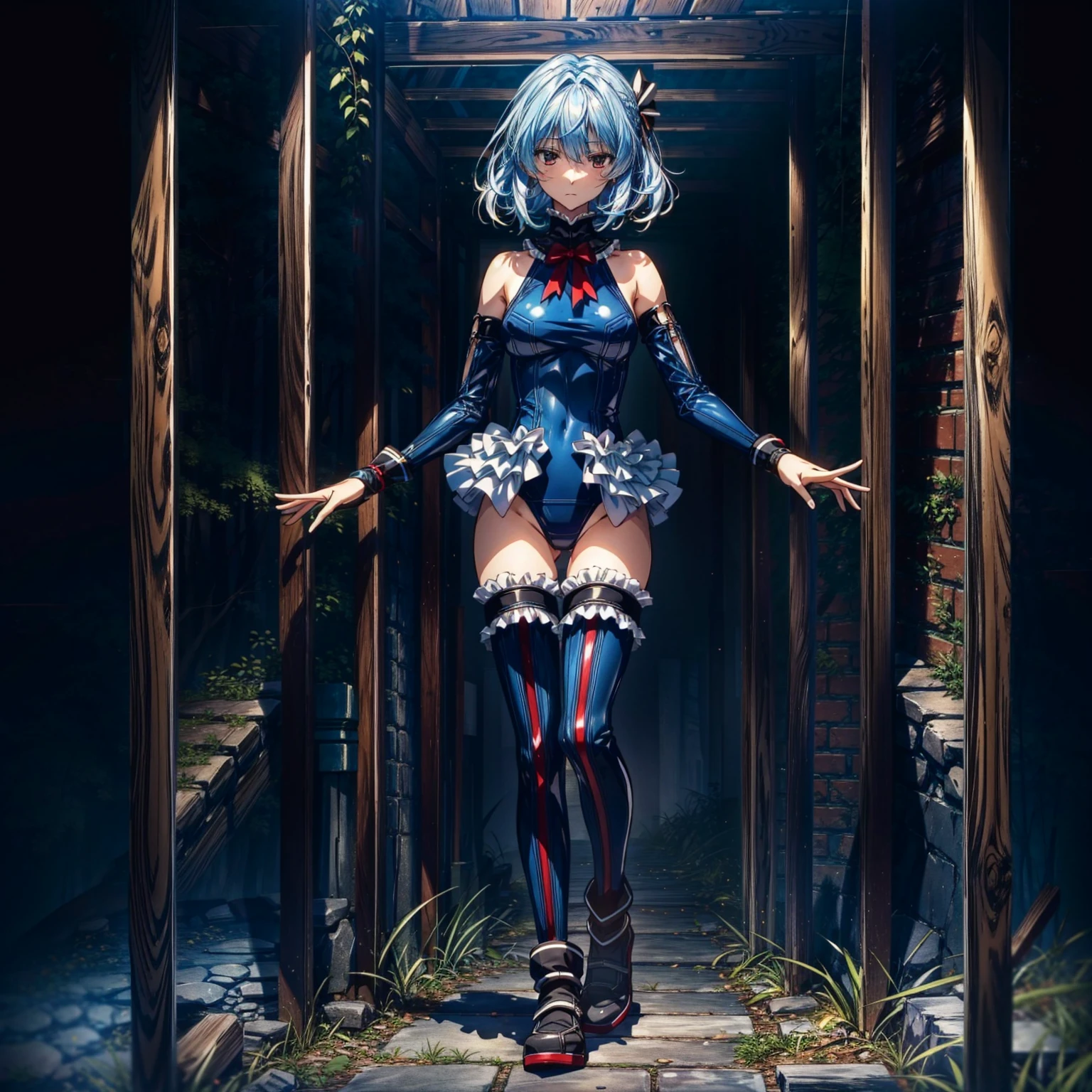 Masterpiece, Very detailed, Highest quality, Sharp focus, 12k, ultra hi resolution picture, big ,12k,Perfect Anatomy, Highest quality,,(Emotionless:1.2)
,Anime Style,(frilled swimsuit,thighhighs,detached sleeves), (Anime Style:1.4) ,
,(White fingers:1.2,Black gloves),
,(full body:1.3),(ruins:1.1),Random Pause,Random Angle,