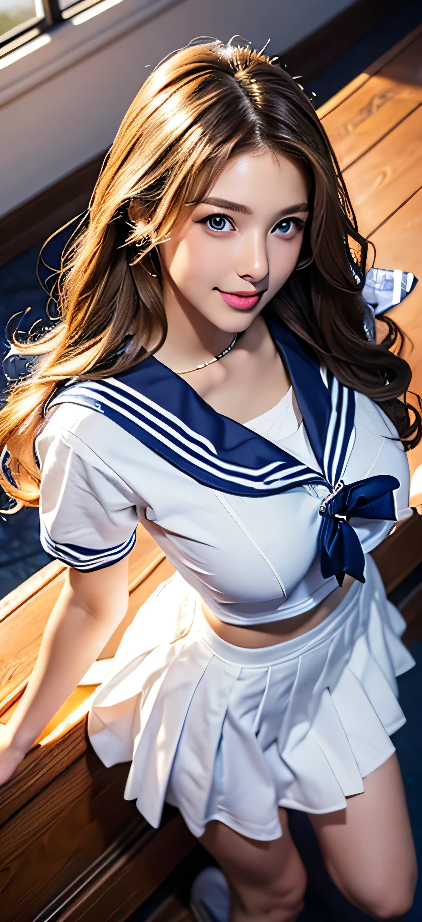 ulzzang-6500-v1.1, (Raw photo:1.2), (Photorealism), Beautiful detailed girl, Very detailed eyes and face, Beautiful detailed eyes, Huge file size, (Big), High Resolution, Very detailed, Best quality, [Masterpiece:1.6], [JK Uniform], Illustration, Very detailed, CG, Fine detail, Best quality, Very detailed CG uniform 8k wallpaper, Movie Lighting, 1 girl, , cute Japan high school girl, perfect figure, [white school blouse unbuttoned, bra visible], large taut breasts, [huge breasts, heavy breasts, H cup: 1.9], cute droopy eyes, beautiful big eyes, no bra, sweaty and wet, [sexual arousal: 1.1], lying in bed: 1.5], hands raised, school uniform ribbon around neck, smile, (the whole body is wet), shining eyes, big breasts, big, big, head on pillow, stomach, button open