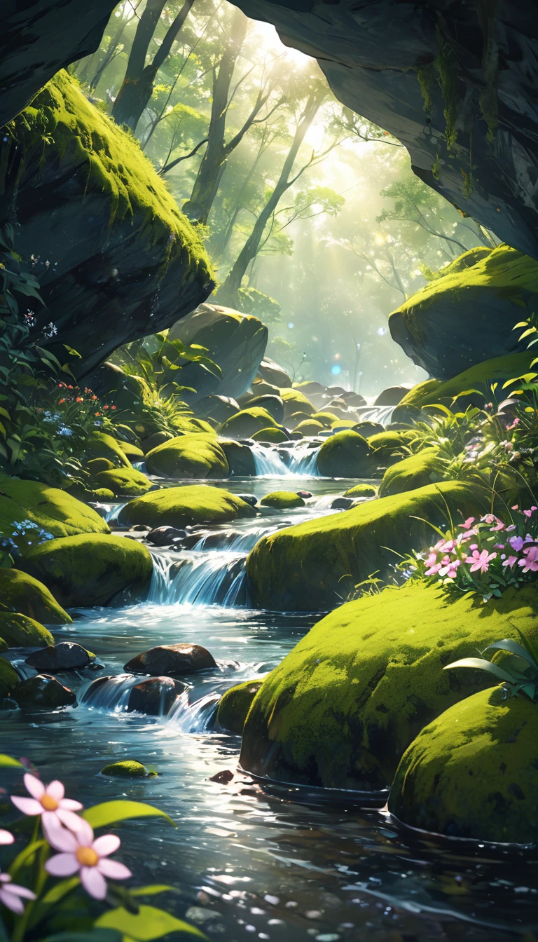 Creek,Water Flow,stone,Green Jungle,high-definition,Realistic style,Close-up,Low Angle of View,Light spot,moss,Small Flower,Grass,The stone in the lower center of the picture,Natural Scenes,Bright colors,Large aperture,Close shot,blur background/Bokeh,lens flare