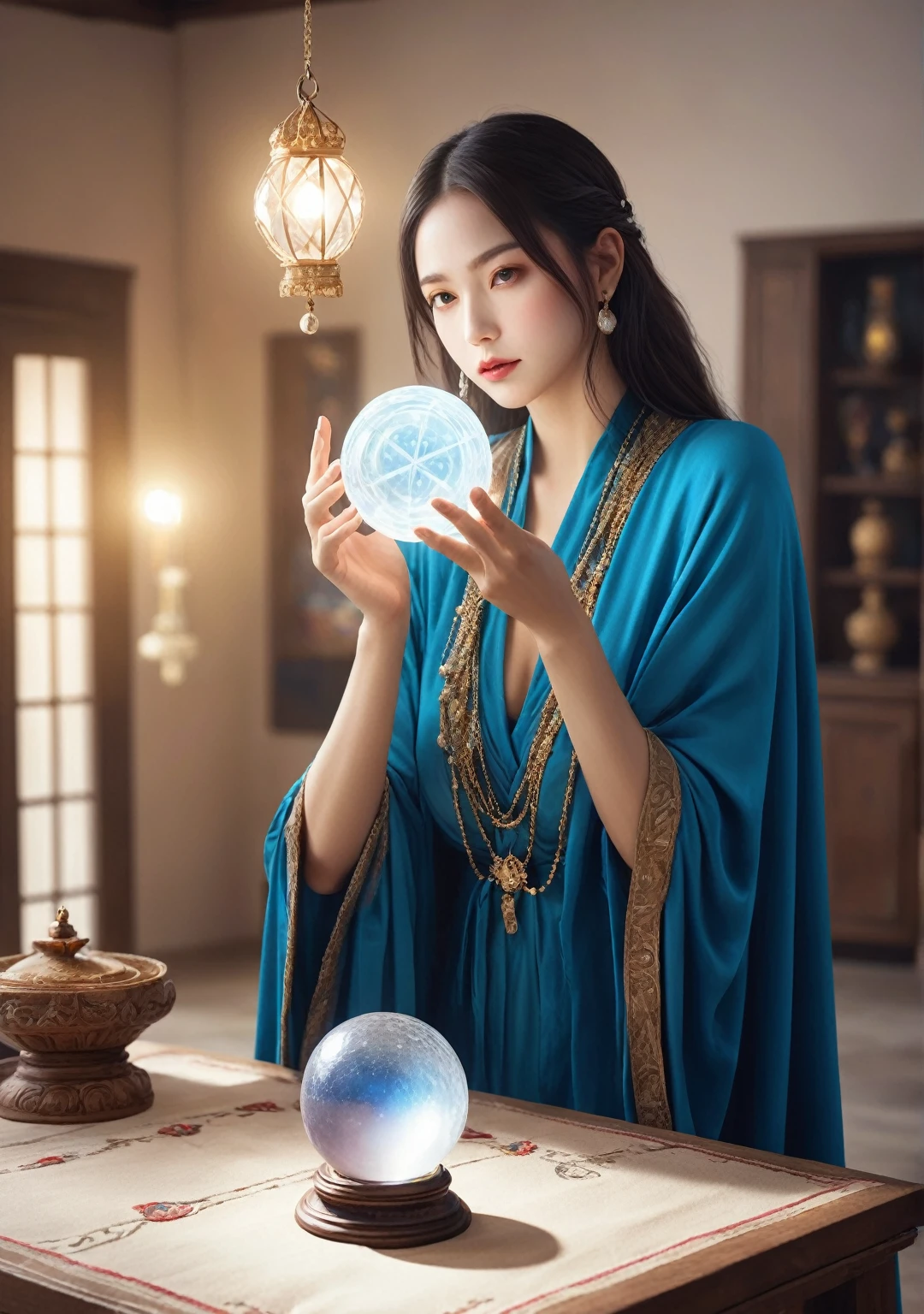 Female fortune teller. Body and face orientation: front. Charm, Beautiful and mysterious. She is wearing a blue cape、Have a clear face. The atmosphere is bright and sparkling, Filled with anxiety and anticipation. A fortune teller is standing. He has a crystal ball in his right hand. The lighting in the room is bright, Create a fantastic atmosphere. Best image quality, 4K or 8K resolution. Extremely detailed and realistic, Almost photorealistic. Artistic style is、It should reflect the formula's aesthetic with bright colors and strong contrast。. The color palette should emphasize the mysterious and mystical theme of the piece.. The fortune teller's cloak is decorated with metal trim and intricate designs.、The thickness ratio is 1.5. The overall atmosphere is starry and magical.. The fortune teller's facial expression should arouse mystical interest..