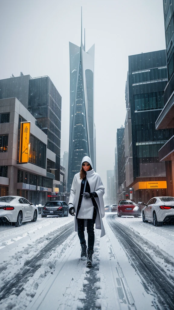 Create a highly detailed and realistic image of a futuristic high-tech city street during the morning. The scene is set in a white environment with heavy snowfall, covering everything in a blanket of snow and with snowflakes falling from the sky. The street is lined with fantastic, advanced buildings that showcase cutting-edge architecture and technology. People dressed in winter clothes walk along the road, braving the cold. High-tech supercars can be seen on the street, adding to the futuristic vibe. The overall atmosphere should convey a sense of a high-tech, snowy cityscape, blending the advanced elements with the serene beauty of a winter morning.