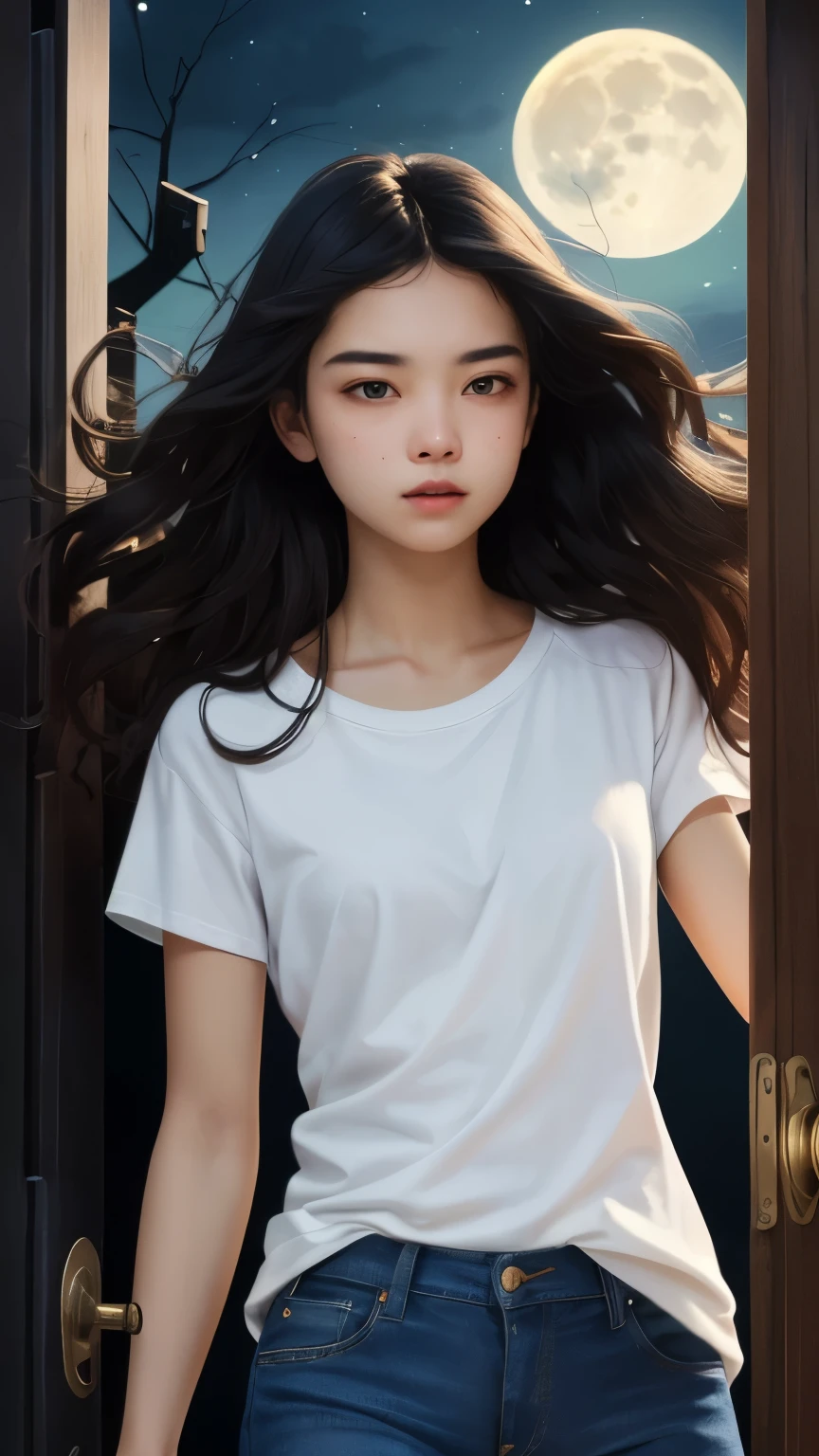 ((best quality)), ((masterpiece)), (detailed), A digital illustration of a long black haired teenage girl slowly opening a door with a expression of tense on her face. She is wearing a plain white t-shirt and blue jeans. The background is full moon and haunted