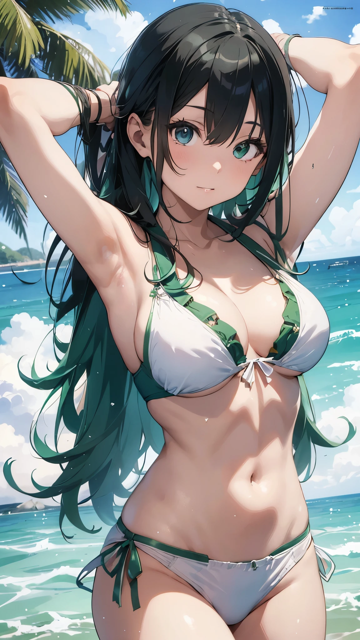 4K,8k,Green haired girl drawn in high resolution Japanese anime style、whole body、Women in white bikinis taking photos on a deserted beach, Bikini Model, , Young and cute gravure idol, Posing together in a bra, Russian and Japanese mix, sakimichan, Asian woman, Wear a swimsuit, that'that'that'that'that'that'that'that'that'that'that'that'that'that'that'that'that'that'that'that'that'that'that'that'It's hot with the shining sun, Japanese Model, Cute Core, sakimichan hdri, Young Gravure Idol, Chubby