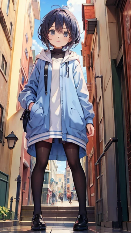 one girl,low angle shot,(from below:1.3),standing,Outdoors, fashionable street