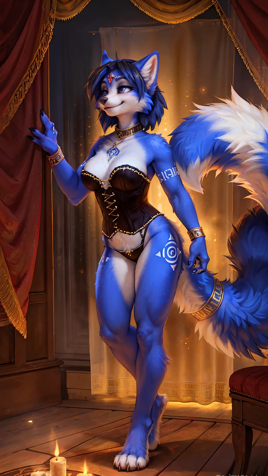 A beautiful and detailed (sweet picture) wa ((krystal)), Star Fox Krystal, sslim, lovable, grüne augen, medium breasts, (((Long blue hair 1.3))),  ((black hair tips)), Decollete, grin, look up,, anthro, furry, Uploaded E621, detailed fluffy fur, (wa Fluff-Kevlar, Bayard Wu, personalize me, Pino Daeni), detailed face, (fluffy), 1 girl, allein,  Tribal clothing, sweet girl, allein, detailed background, dimly lit chamber with ornate decorations and velvet curtains, a(pentagram)drawn on the floor, flickering candlelight casting eerie shadows.  wearing an alluring succubus outfit that hugs her form like a second skin. The outfit consists of tight-fitting corset decorated with intricate lace, revealing just enough to tantalize the viewer's imagination.(long flowing tail wrapped around her leg). Her mischievous smile gives away her otherworldly nature as she exudes an aura of temptation and allure., (wa Kenket|by totesfleisch8|by thebigslick)

