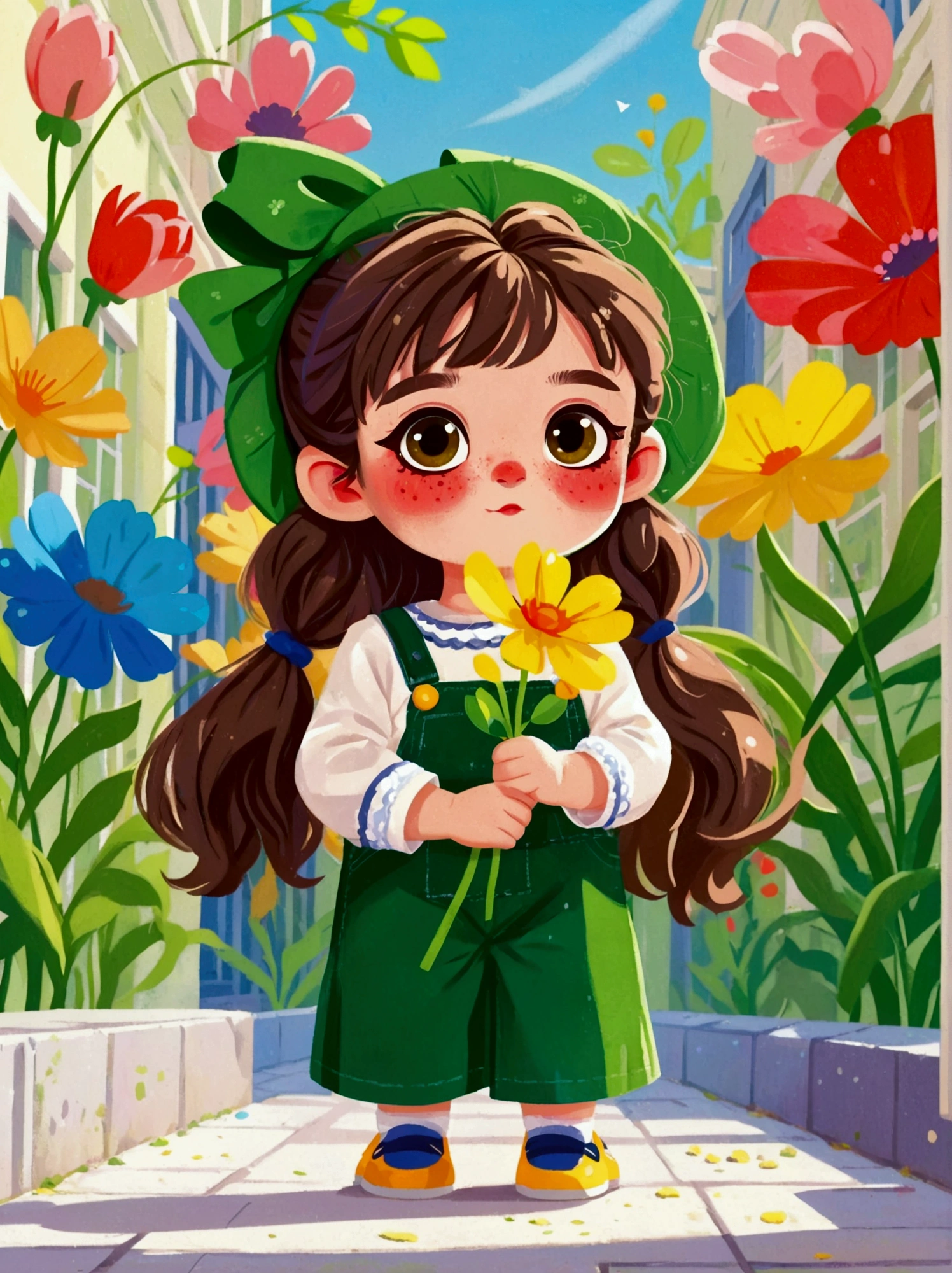  (Low Angle Shot:1.8), (((projected inset, dutch angle, vanishing point, from below))), (8k，Bright colors，Bright，Ultra high saturation，rgb, Colorful), Cartoon,Character Design,Cute little girl,big eyes,Long hair,With pigtails,Holding flowers,Wearing green overalls,可爱的Q版Cartoon风格,Simple background,White Walls,White floor,Colorful illustrations,Bright colors,White shoes,Full body image,Bright colors,HD,High-resolution images in a Q-version style
