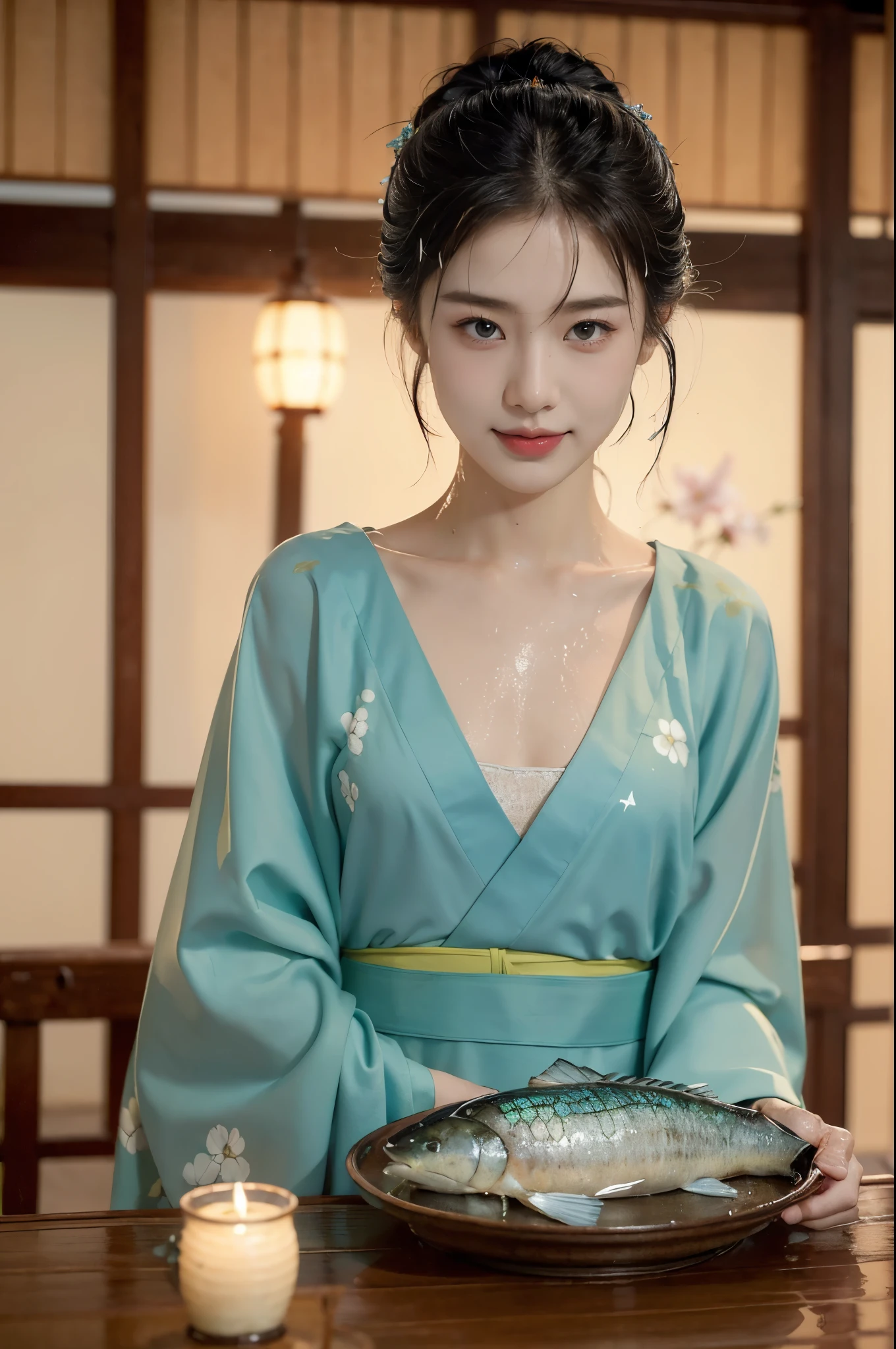 (((best quality))),(((ultra detailed))),(((masterpiece))),illustration,((1 beautiful Japannese girl,solo)),((slim,thin)),((small breasts,flat chest)),(in izakaya:1.3),(summer:1.2),(rainy:1.3),(indoor:1.2),(night scene:1.3),(wet:1.3),(cyan floral kimono:1.3),neat bun,porcelain skin,rouge,dimly lit,warm glow,ethereal,(standing beside the table:1.3),sake bottle,half-empty glass,tray,grilled fish,steamed vegetables,half-eaten,melancholic smile,storm,solitude,enigmatic aura,tranquility,chaos,simplicity,mysterious,captivating,((from front,upper body))