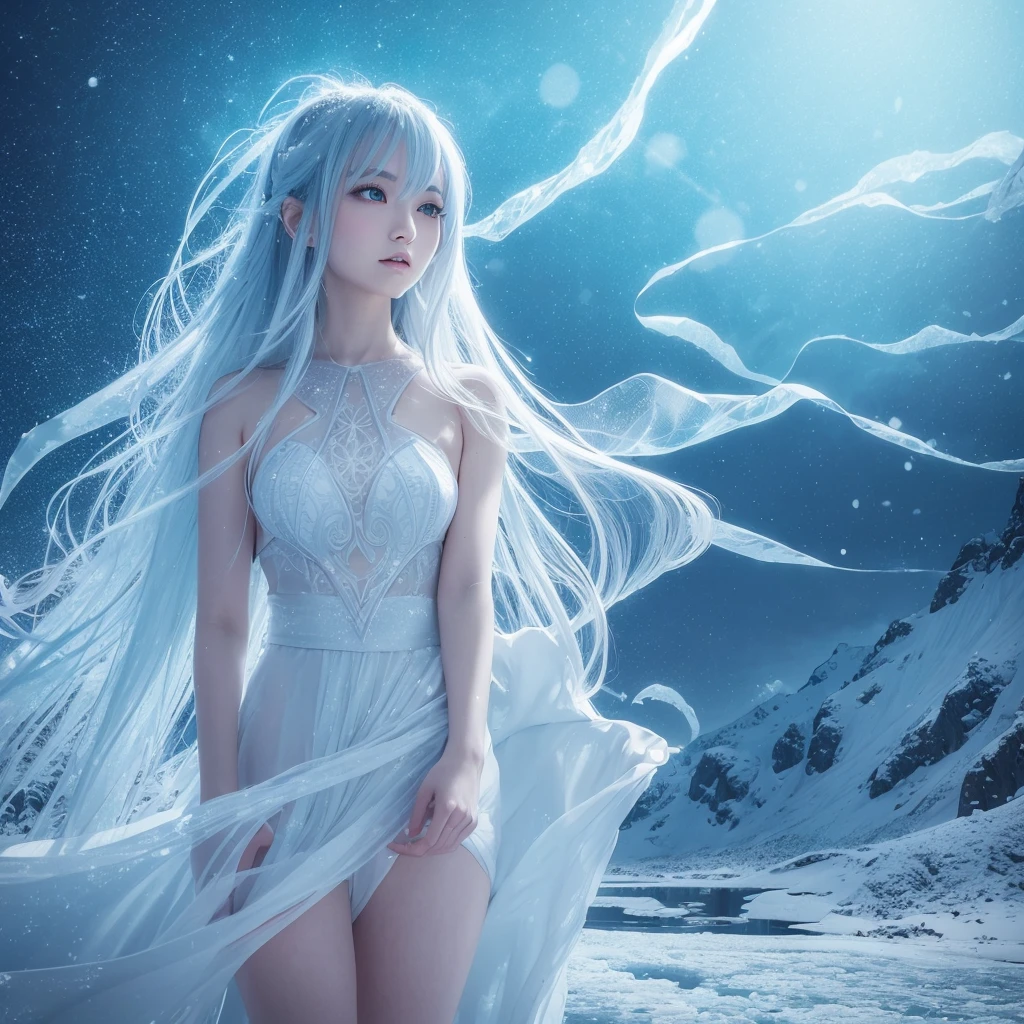 A detailed anime-style close-up of a 20-year-old woman with the upper body of a human and the lower body of an ice scorpion, standing by an icy lake, gazing into the distance. The background shows a frozen lake with shimmering ice crystals and snow-covered mountains in the distance. Soft blue light reflects off the ice, creating a serene and mystical atmosphere. Created Using: digital illustration tools, inspired by fantasy anime, crisp linework, vibrant colors, detailed shading, ethereal glow, high contrast, hd quality, natural look --ar 16:9 --v 6.0