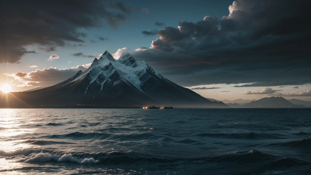 I want a realistic black and white landscape where on the left side there is a mountain in the middle of the sea, on the right side the sun and in the background the clouds