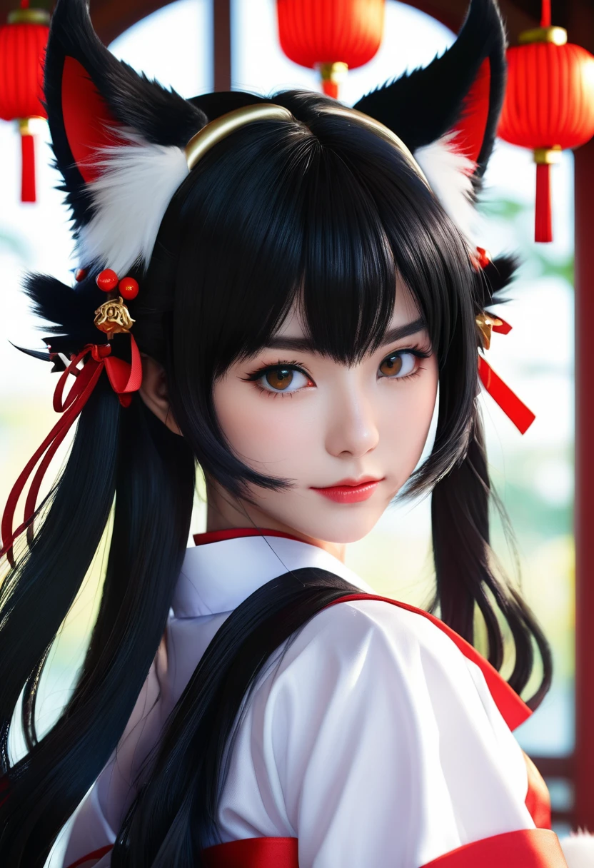 Monster Girl, Cat ear,20th Generation, Shrine maiden,Realistic Women, Black Hair,cute