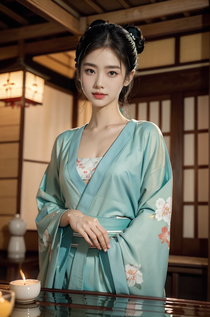 (((best quality))),(((ultra detailed))),(((masterpiece))),illustration,((1 beautiful Japannese girl,solo)),((slim,thin)),((small breasts,flat chest)),(in izakaya:1.3),(summer:1.2),(rainy:1.3),(indoor:1.2),(night scene:1.3),(wet:1.3),(cyan floral kimono:1.3),neat bun,porcelain skin,rouge,dimly lit,warm glow,ethereal,(standing:1.3),sake bottle,half-empty glass,tray,grilled fish,steamed vegetables,half-eaten,melancholic smile,storm,solitude,enigmatic aura,tranquility,chaos,simplicity,mysterious,captivating,((from front,upper body))