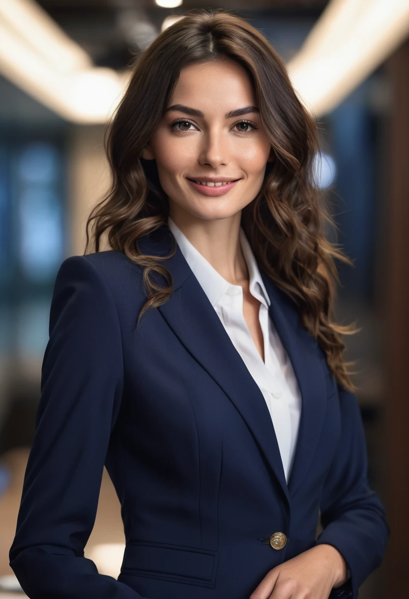 (wavy brunette perfect body Supermodel), wearing (navy blue business suit with skirt), pose with a slight smile, feminine fit detailed body and face and skin pores, highly detailed expressive, space above head, depth of field, skin details, office lights, ultra realistic, cinematic