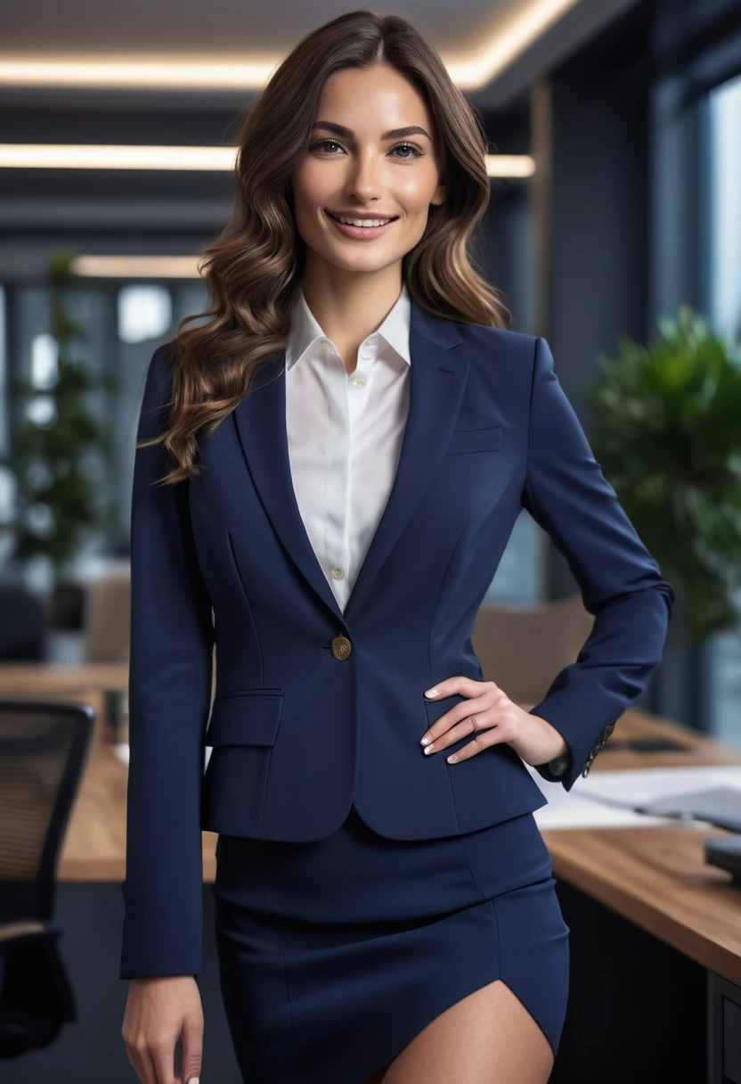 (wavy brunette perfect body Supermodel), wearing (navy blue business suit with skirt), pose with a slight smile, feminine fit detailed body and face and skin pores, highly detailed expressive, space above head, depth of field, skin details, office lights, ultra realistic, cinematic