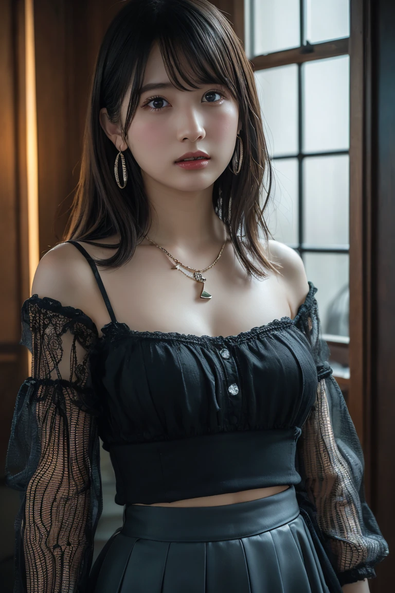 (Highest quality:1.4),(masterpiece:1.4),(Realistic:1.4),(Realistic:1.2),(超High resolution, RAW Photos:1.4),(High resolution, Ultra-detailed:1.2),(8k:1.2),View your viewers,Cinematic photography,One girl,skeletally correct,Black-haired woman,Woman in her early 20s,(Small earrings,necklace,Tulle blouse,Bustier,Crochet skirt),(Western-style building interior,Dimly lit room,The lamplight shines on my cheeks)