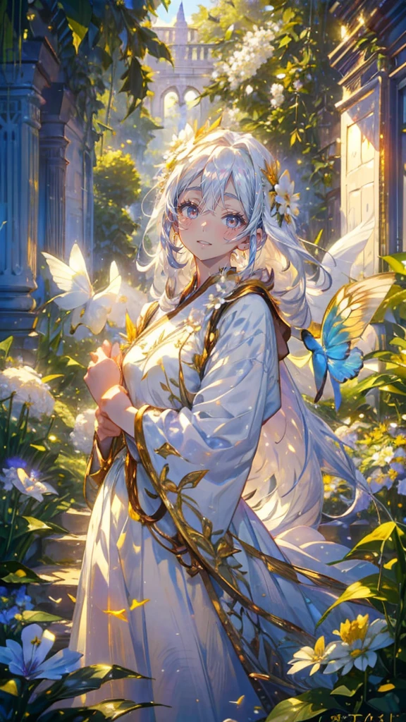 (Mastepiece), (Best Quality), Very detailed, 1 girl, (Solo Shooting:1.4), Perfect Face, beautiful girl, Very detailedな顔,(Long white hair:1.5),(Golden Eyes:1.4),(White Dress:1.4)、(Lots of butterflies々:1.2)、bird、(ruins、Plants、flower:1.4)、(たくさんのflowerびら:1.3)、Fairy、mysterious、Fantasy、beautiful、beautiful、(Close your eyes and laugh:1.3)、(Happy Face:1.4)、A big smile