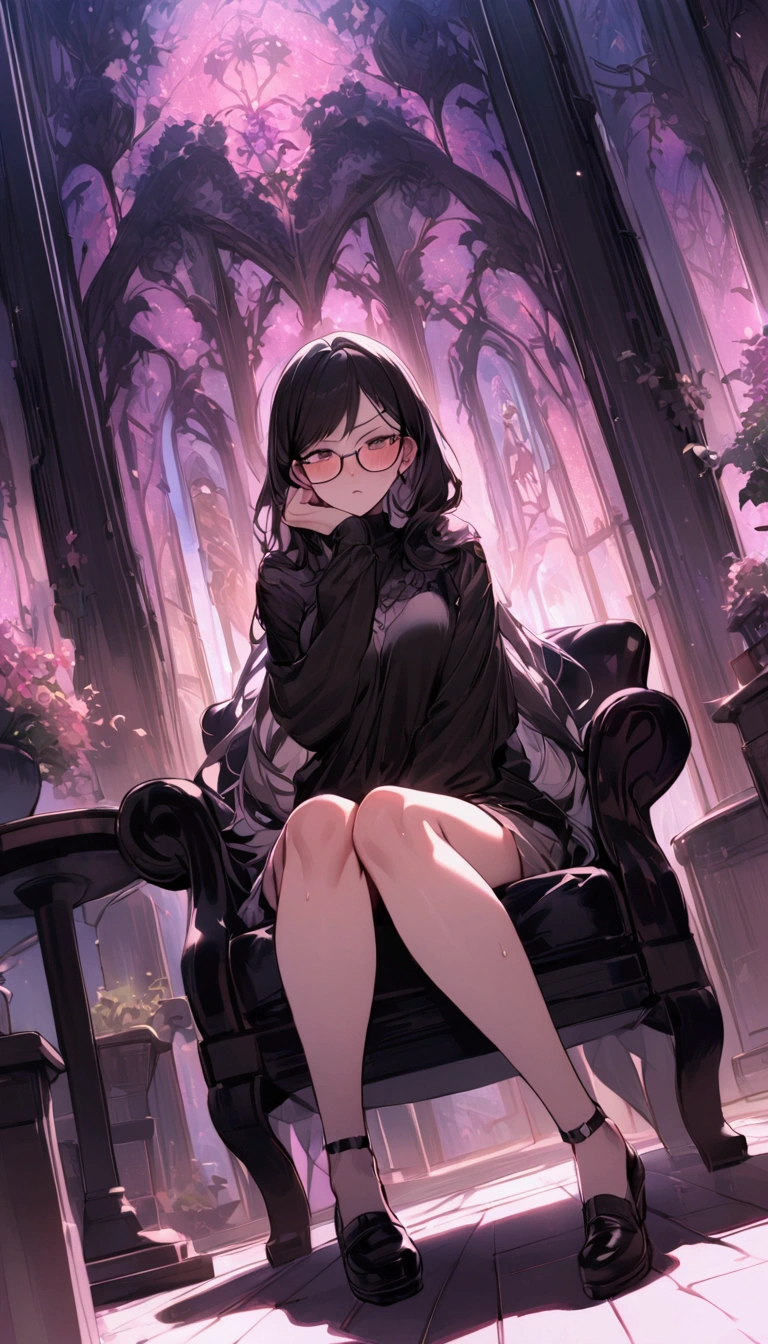 Dynamic composition,dutch angle,full body,脚にフォーカス,{{masterpiece}}, {{{Highest quality}}},{{Very detailed}},1girl,30years old,{Mature Woman}},otaku obsessed with fighting geeks,,{{Sit on a chair and take a rest}},ショートパンツ,glasses,long-sleeved shirt,cyberpunk,,{{v-shaped eyebrows}},Bad mood,blush,Sweat,raise one's eyebrows ,{{View your viewers}}、long hair, ,indoor