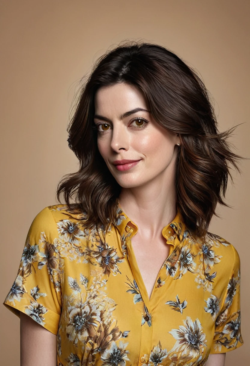 Vertical portrait of a stunning Indian woman in her 30s, dressed in a sun-kissed yellow floral shirt dress, exuding confidence and determination. Her Trendsetter wolf-cut brown hair falls softly around her face, framing her striking features. Anne Hathaway-esque charm radiates from her soft smile and full lips, which seem to hint at a thousand secrets. Her black eyes gleam with intensity, as if plotting the next big move in the corporate world - she's a CEO, after all. The sleek, modern composition is set against a smooth, colorized background, emphasizing the subject's sharp jawline and chiseled features. Every detail, from the subtle highlights on her hair to the delicate folds of her dress, is rendered with hyper-realistic precision, making this digital art piece truly breathtaking.