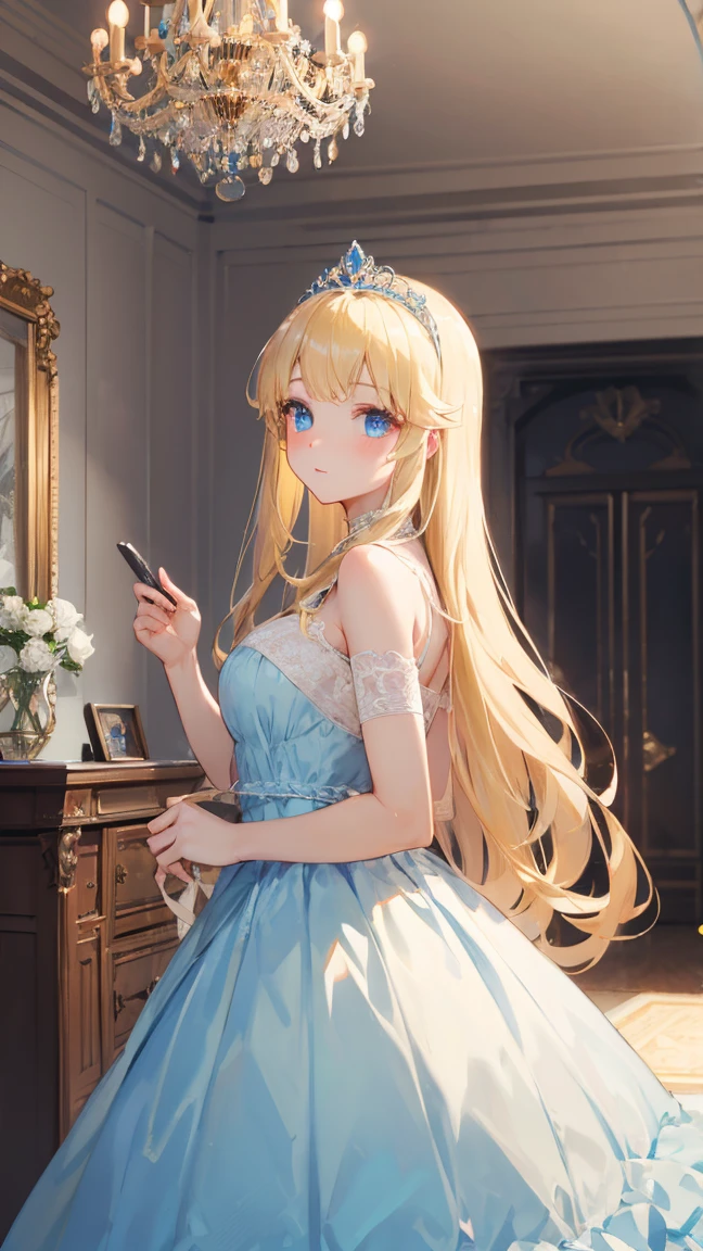 masterpiece,Highest quality,One Woman,Princess,Princess,Western-style castle,chandelier,Western-style interior,Blonde,Long Hair,Long Hair,White skin,Blue Eyes,Big Eyes,Light blue dress,tiara,Eyes full of confidence,Beauty,beautiful