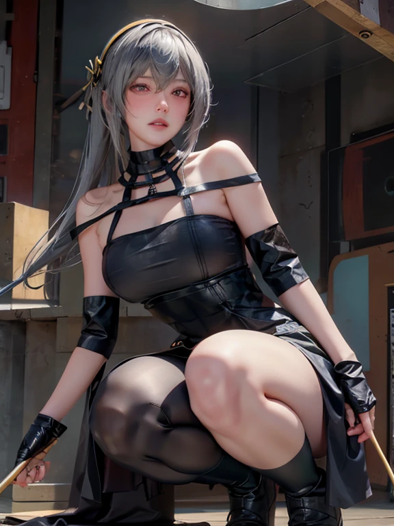 Eve from Stellar Blade wearing costume of 2b from nier automata standing together doing standing split, Beautiful Woman Doing Standing Split in Bikini, EVE, star sword, 2b, nier automata, big breasts, curvy body, thick thighs, 1 girl,Alone,Heavy makeup,beautiful,earrings,ring braid,(lascivious smile:1.1),Horse tail,idol,out, ,(playa:1.1), nude, naked, porn, sexual 