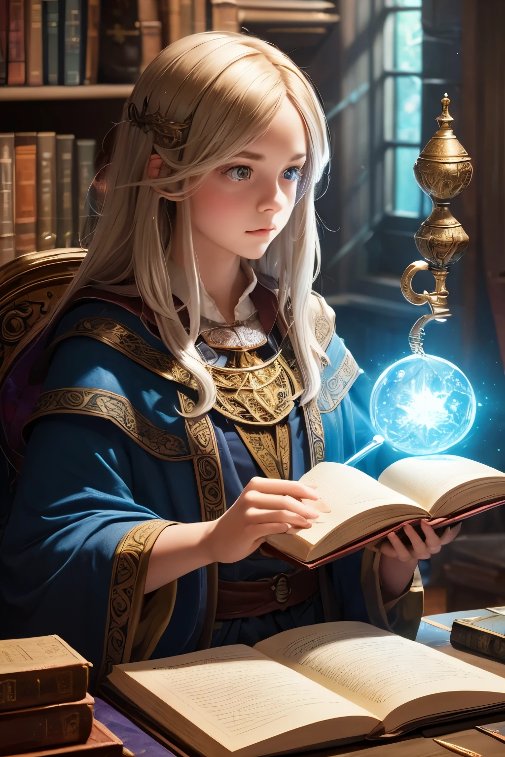 a wizard student, detailed portrait, magical school supplies, self-writing quill, levitating books, intricate details, fantasy, whimsical, vibrant colors, dramatic lighting, cinematic composition, highly detailed, photorealistic, 8k, masterpiece