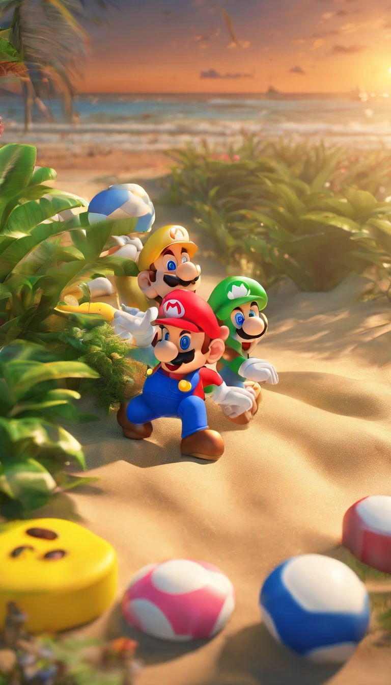 Mario and Luigi playing on Switch, sitting on the edge of the beach in Ubatuba - SP