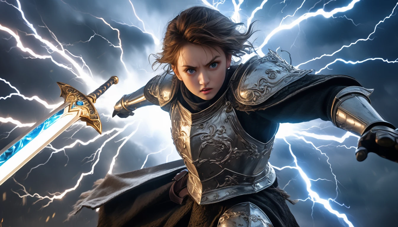 Realistic photos, RAW Photos, the strongest knight, shining sword, attacks viewer, Powerful movements, jump on prey, ((Dynamic jump)),
the strongest knight approaching from above, sudden approach, Bad-tempered, dynamic Shot from grand, lightning magic,High resolution, masterpiece, Highest quality, Intricate details, Very detailed, Clear focus,texture, Delicate eyes, Professional, 4K,Shallow and deep, Kodak Vision Color, Exactly, Very detailed, photograph_\(Extremist\), photographpractical, practical, Post-processing, Maximum details, Roughness, Real Life, Extremist practical, Photorealism, photographgraphy, 8K Ultra HD, photographgraphy