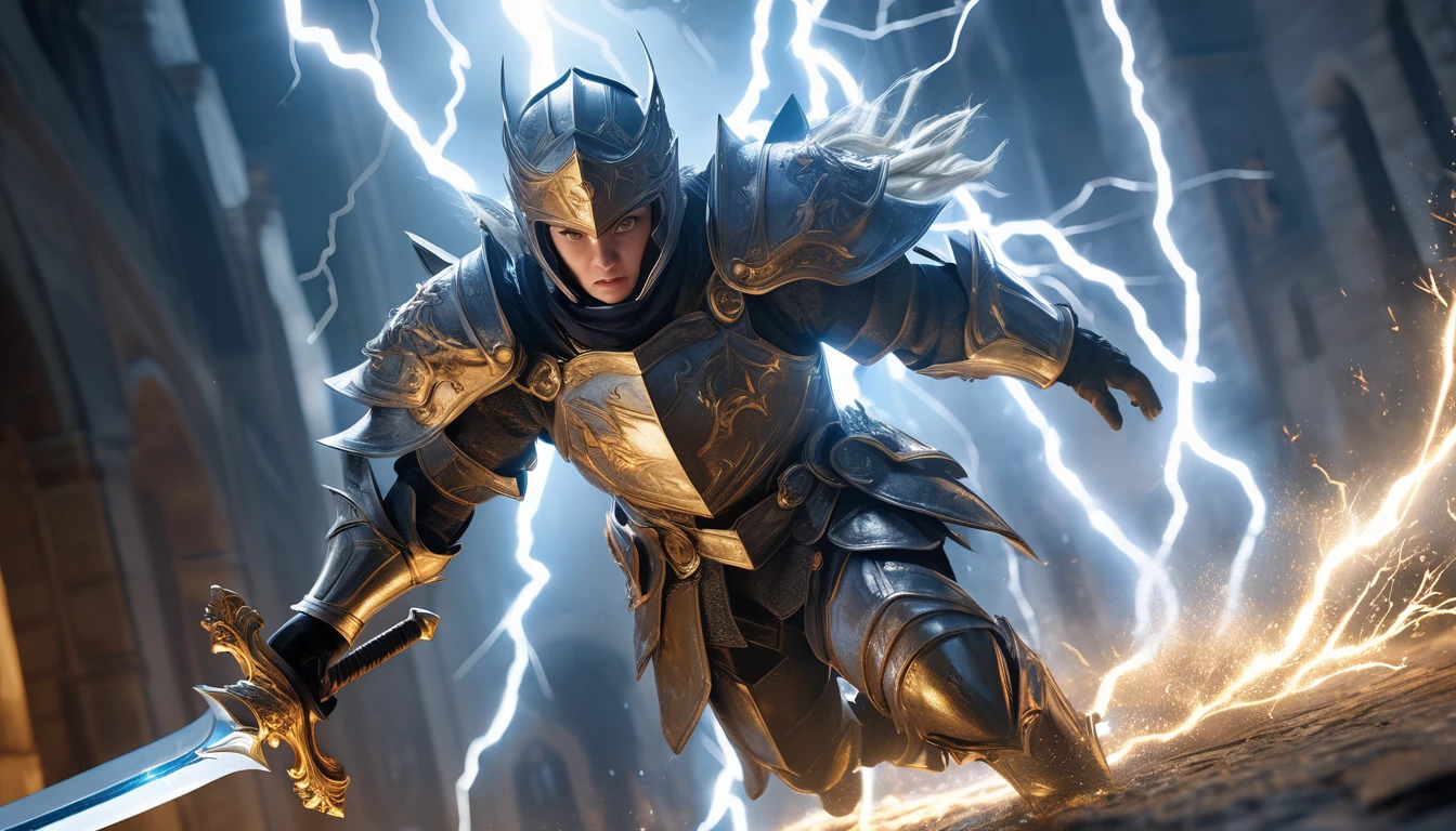 Realistic photos, RAW Photos, the strongest knight, shining sword, attacks viewer, Powerful movements, jump on prey, ((Dynamic jump)),
the strongest knight approaching from above, sudden approach, Bad-tempered, dynamic Shot from grand, lightning magic,High resolution, masterpiece, Highest quality, Intricate details, Very detailed, Clear focus,texture, Delicate eyes, Professional, 4K,Shallow and deep, Kodak Vision Color, Exactly, Very detailed, photograph_\(Extremist\), photographpractical, practical, Post-processing, Maximum details, Roughness, Real Life, Extremist practical, Photorealism, photographgraphy, 8K Ultra HD, photographgraphy