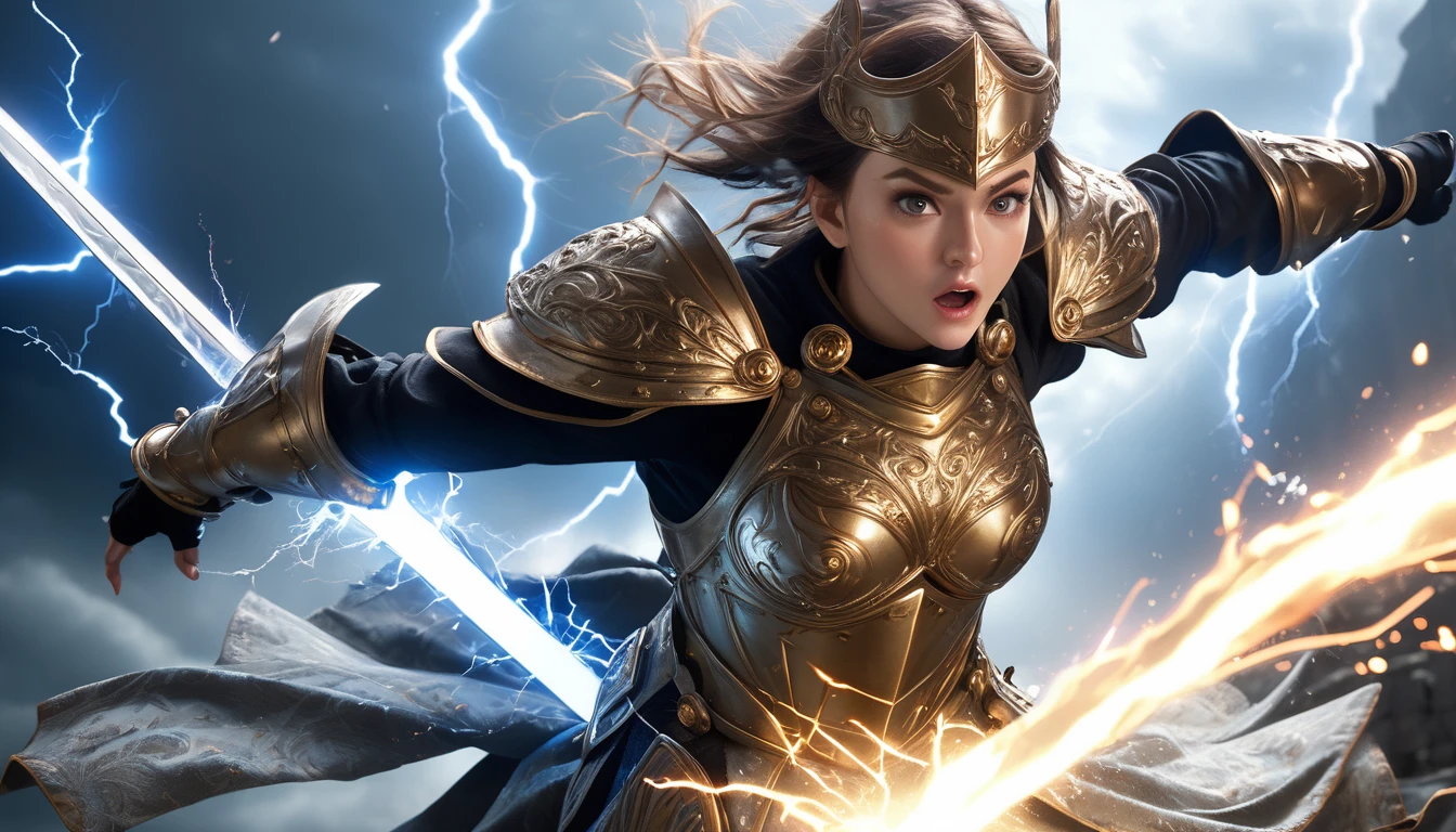 Realistic photos, RAW Photos, the strongest knight, shining sword, attacks viewer, Powerful movements, jump on prey, ((Dynamic jump)),
the strongest knight approaching from above, sudden approach, Bad-tempered, dynamic Shot from grand, lightning magic,High resolution, masterpiece, Highest quality, Intricate details, Very detailed, Clear focus,texture, Delicate eyes, Professional, 4K,Shallow and deep, Kodak Vision Color, Exactly, Very detailed, photograph_\(Extremist\), photographpractical, practical, Post-processing, Maximum details, Roughness, Real Life, Extremist practical, Photorealism, photographgraphy, 8K Ultra HD, photographgraphy