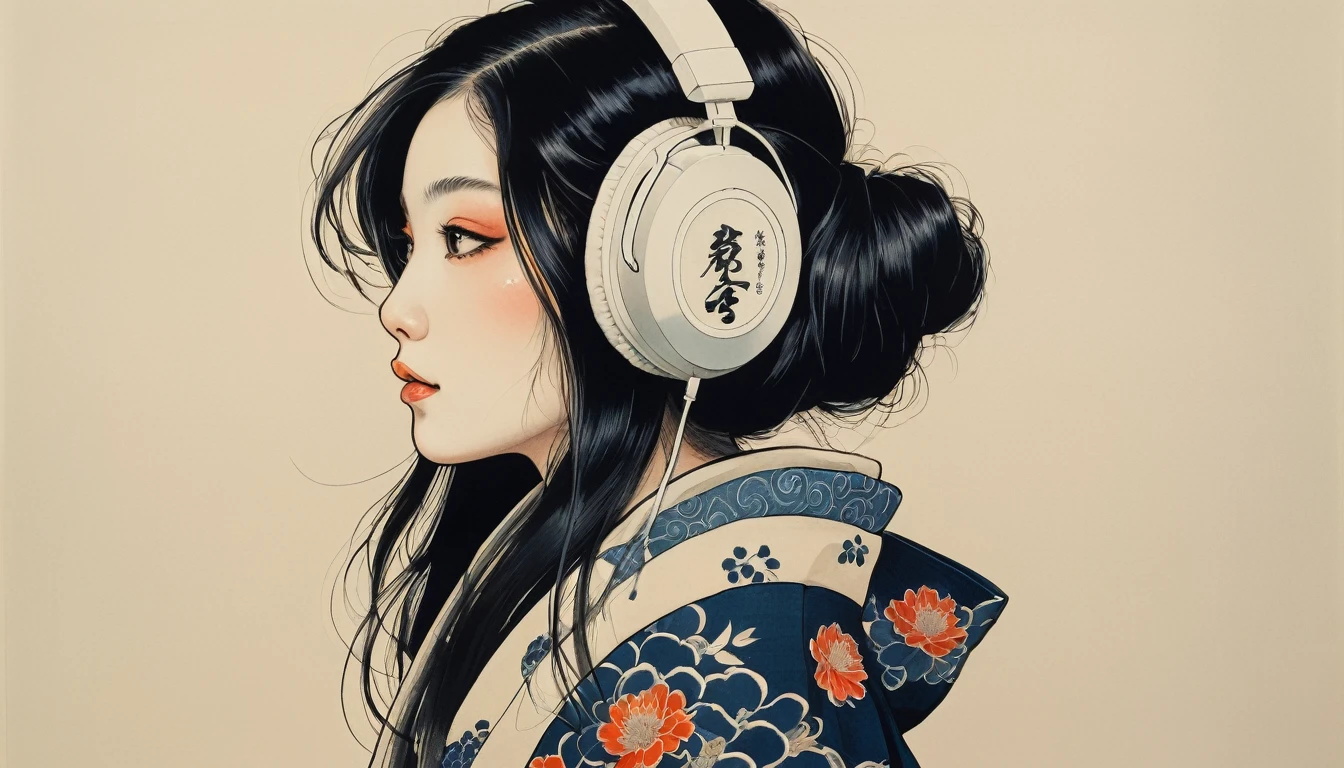 Goldfish print kimono, TATOO on the face, Highest quality, Katsushika Hokusai, Ink Painting, (((1 girl))), Japanese style headphones, beautiful girl, Black hair long hair, Delicate and precise, Modern ukiyo-e style, Darkness