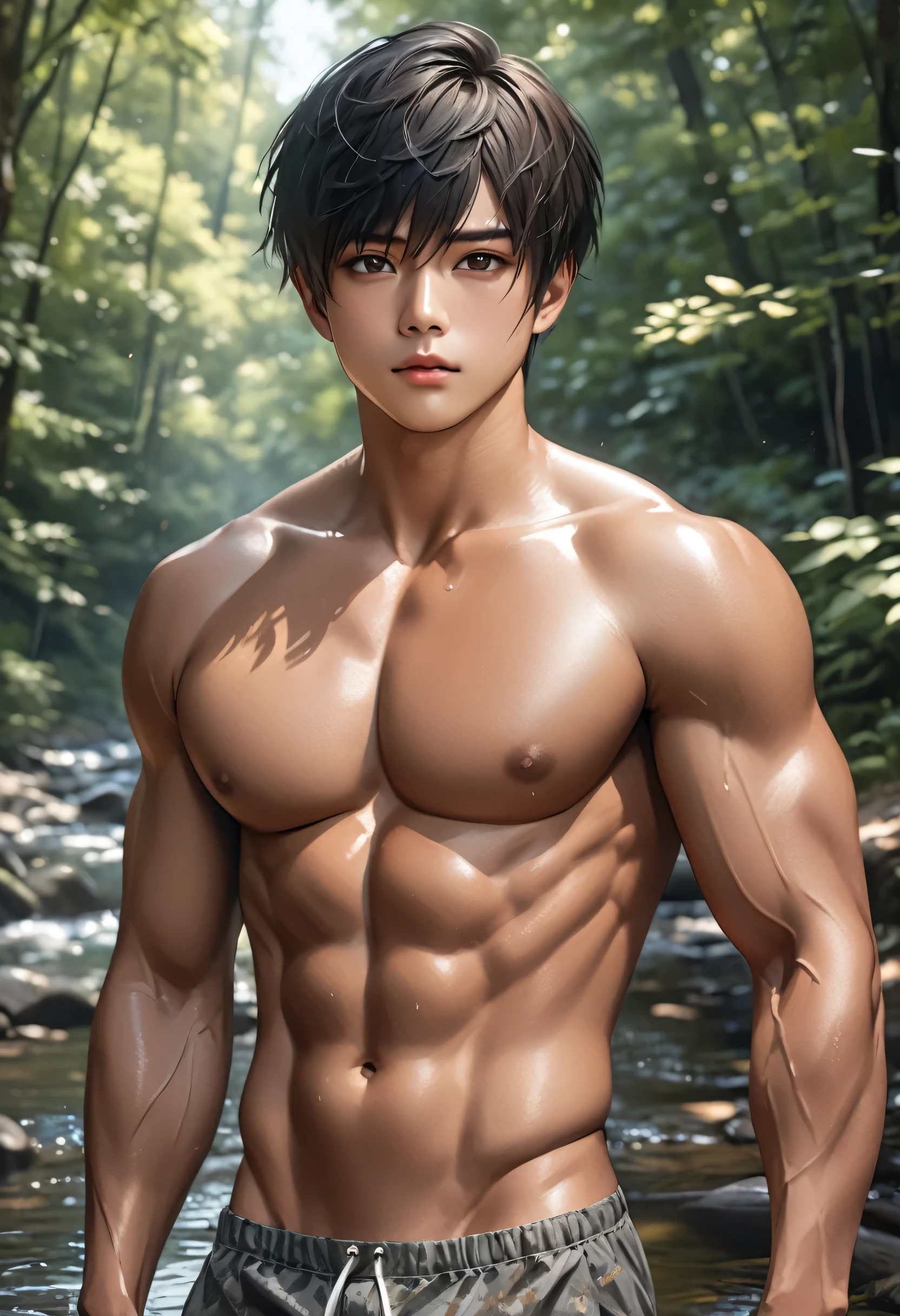 high quality, detailed, Realistic,(one 24 years old tanned japanese boy:1.5), (tanned face), (detailed black eyes), (black short hair), (muscle:1.2), forest bathing, river, in the woods, (bulge), (detailed nipples), detailed areola, best quality, 4k, 8k, highres, (masterpiece:1.2),ultra-detailed, (realistic, photorealistic, photo-realistic:1.37), (face close up:0.7),--no watch,