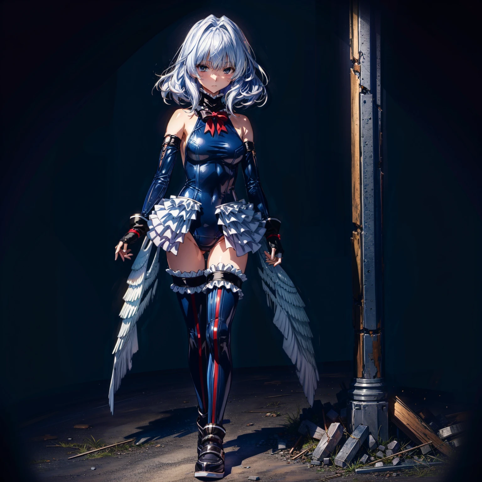 Masterpiece, Very detailed, Highest quality, Sharp focus, 12k, ultra hi resolution picture, big ,12k,Perfect Anatomy, Highest quality,,(Emotionless:1.2)
,Anime Style,(frilled swimsuit,thighhighs,detached sleeves), (Anime Style:1.4) ,
,(White fingers:1.2,Black gloves),
,(full body:1.3),Inside the destroyed base