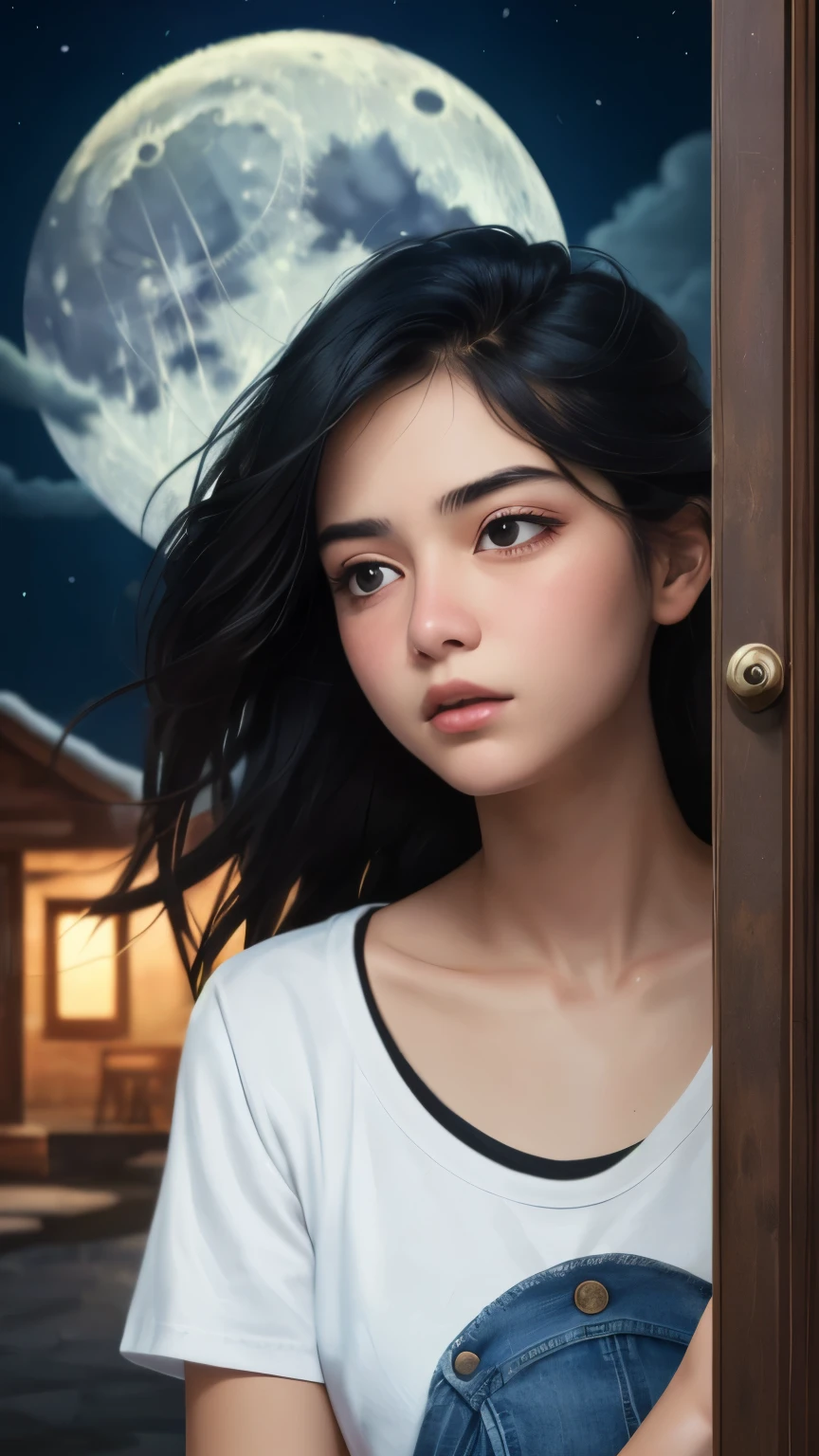 ((best quality)), ((masterpiece)), (detailed), A digital illustration of a long black haired teenage girl slowly opening a door with a expression of tense on her face. She is wearing a plain white t-shirt and blue jeans. The background is full moon and haunted
