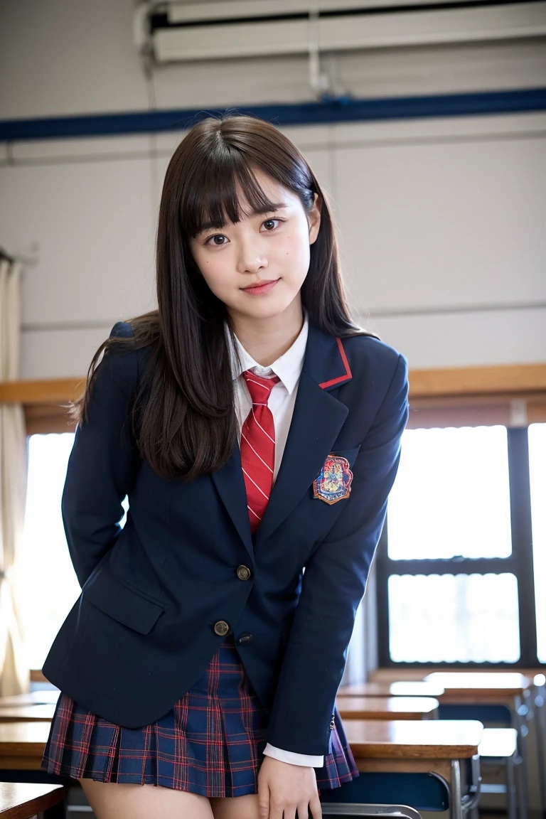 Girl standing in a school classroom,Red Tie Uniform,Dark Blue Blazer,Blue plaid skirt,18-year-old,bangs,A small smile,Thighs,knees,From below