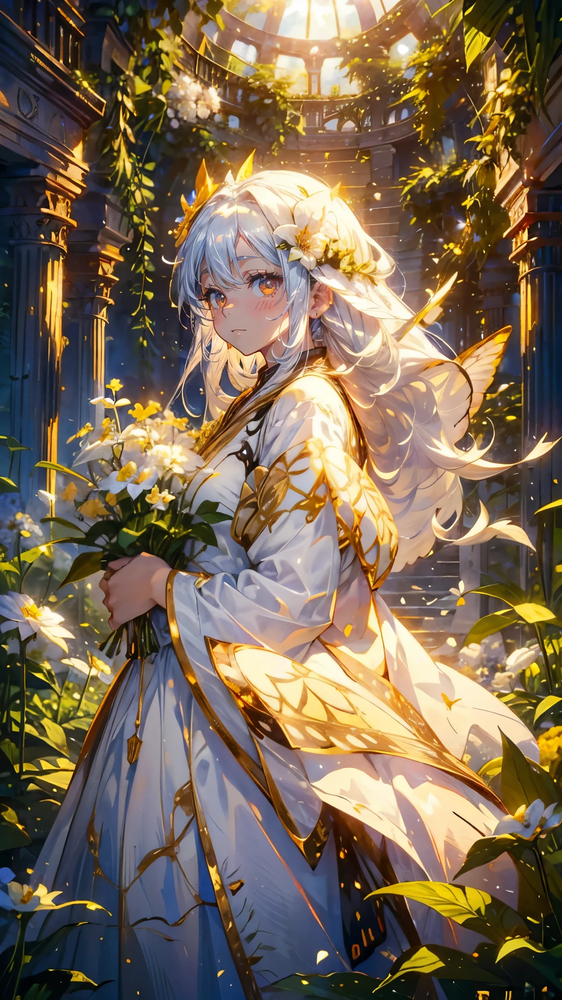 (Mastepiece), (Best Quality), Very detailed, 1 girl, (Solo Shooting:1.4), Perfect Face, beautiful girl, Very detailedな顔,(Long white hair:1.5),(Golden Eyes:1.4),(White Dress:1.4)、(Lots of butterflies々:1.4)、bird、(ruins、Plants、flower:1.4)、Fairy、mysterious、Fantasy、beautiful、beautiful、(Close your eyes and laugh:1.3)、(Happy Face:1.4)、A big smile