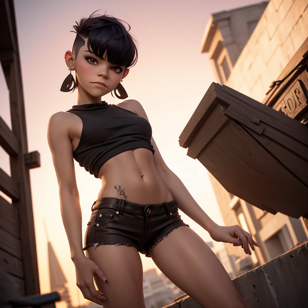 A young woman, cute, blushing, short brown hair ((hi-top fade:1.3) ), wearing ripped skinny jeans and a tiny tank top, multiple earrings, she is walking, 3D tattoos, athletic body with thick thighs, medium breasts, looking at viewer, hourglass shape, desaturated blurred bokeh background, dark theme, warm tones, soft colors, high contrast, soft lighting, artistic photo ((low angle) ), sunset in the background. Boudoir photoshoot.