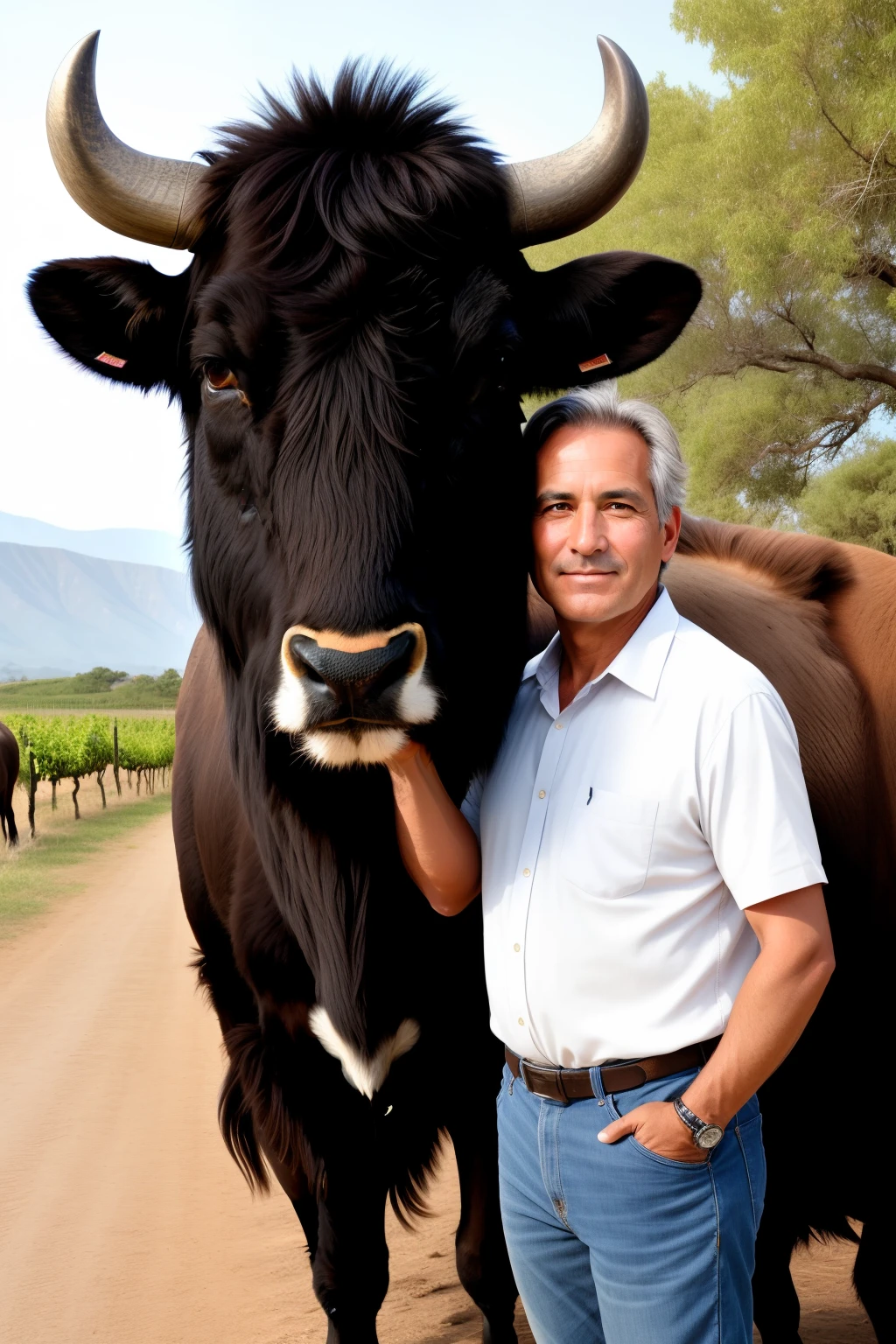 A 50 year old guy with a gentle, gentle face and dark eyes is posing for a photo with the buffalo, looking at the camera, vineyard background, surreal and clear image.
