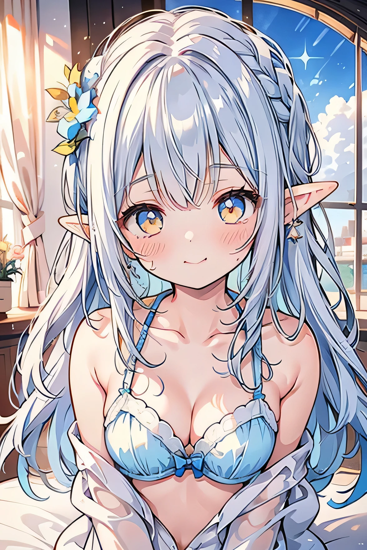 Masterpiece、Anime Coloring、Ultra fine、16K、Highest quality、from above、upper body、looking up、light smile、((((blush))))、sparkle in the eyes、detailed eyes、Looking up、bed、((Elven pointed long ears))、Stylish room、Cute floral pajamas、((Sky blue color bra))、Small breasts、Yellow Eyes、Cleavage、Silver Hair、Long Hair