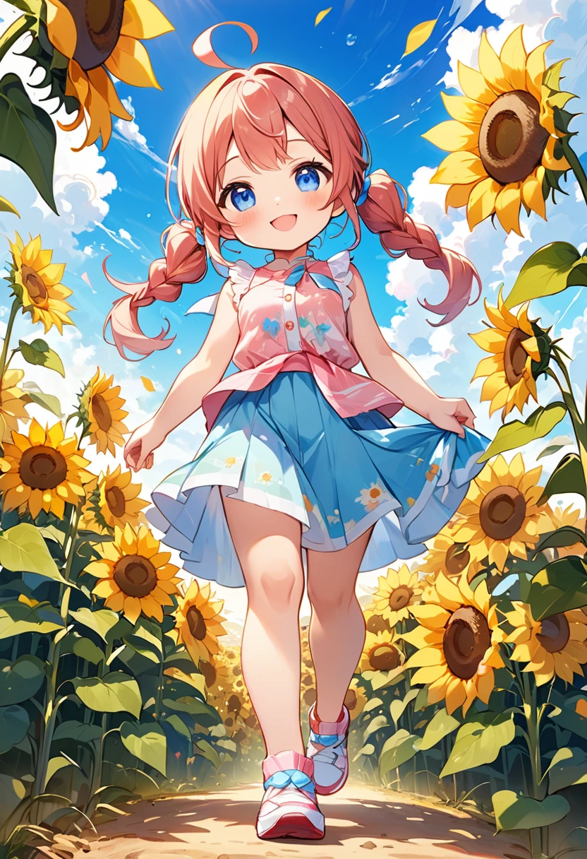 Highest quality、High resolution、Detailed Background、Beautiful face in every detail、Anatomically correct、Detailed facial expressions、fine grain、((full body, from below:1.8, side shot)), break　((One Girl:1.2)、(Chibi Girl:1.2))、Cute hair color、Big beautiful blue eyes、Fuller lips、Pink Lips、Braided twin tails、Ahoge、(Walking through a sunflower field:1.2)、(Cute sleeveless summer clothes、Long skirt、Cute sneakers)、break　((Sprinting:1.2))、((stretch both arms horizontally:1.2))、I have nothing in my hands)、(Happy expression:1.2、Big smile:1.2)、Sweat、break　(The background is the summer sky、Summer Clouds、Flower storm、Frog)
