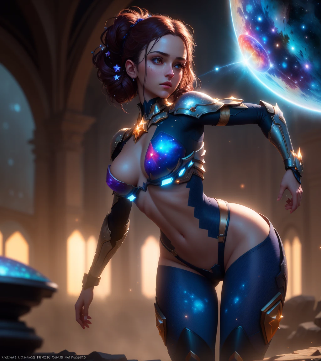 Highly detailed RAW color photo, beautiful young, dynamic pose, (Broad Hips), (skin detailed), (detailed lips), (detailedeyes), (Cosmic:1.4), (necropolis:1.1), (science fiction scenario) (face detailed), (curved), detailedeyes, Chromatic aberration, Depth of field, iluminação Soft, work of art, best qualityer, intrikate, (Lens flare:0.7), (blossom:0.7), particle effects, ray tracing, tone mapped, highy detailed, conceptual artwork, Soft, sharp focus, dramatic lighting, highy detailed artwork, cinematic, hyper realisitic painting, trends on ArtStation, 8k, amazing shadows, realisitic, (highy detailed background:1.2), mid-journey art